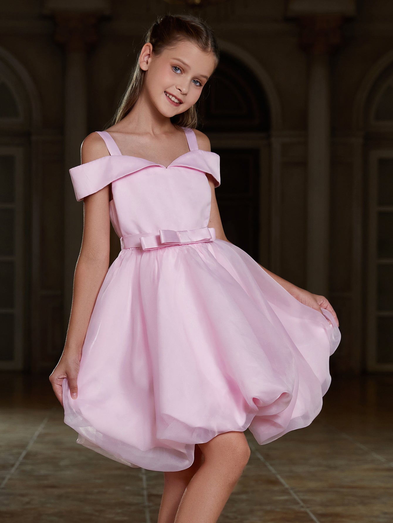 Girl's Off Shoulder Bow Hem Satin Cami Dress