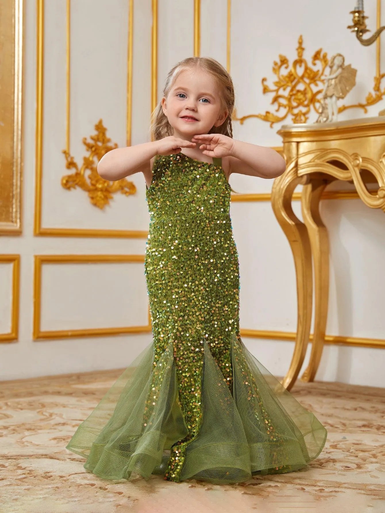 Young Girls' Mesh Insert Mermaid Hem Sequin Dress