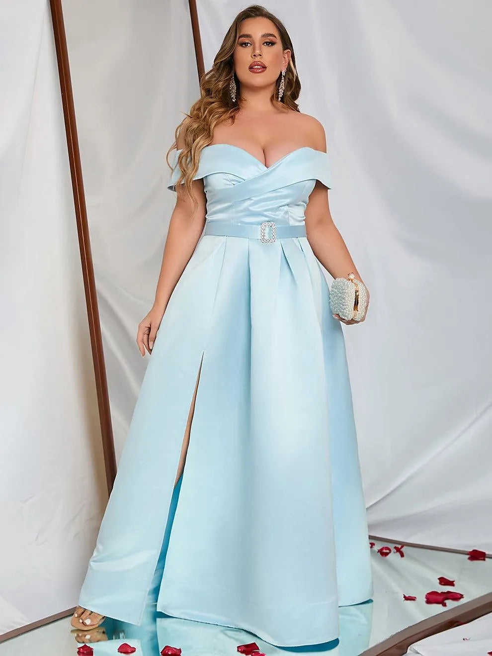 Plus Off Shoulder Buckle Belted Satin Ball Gown