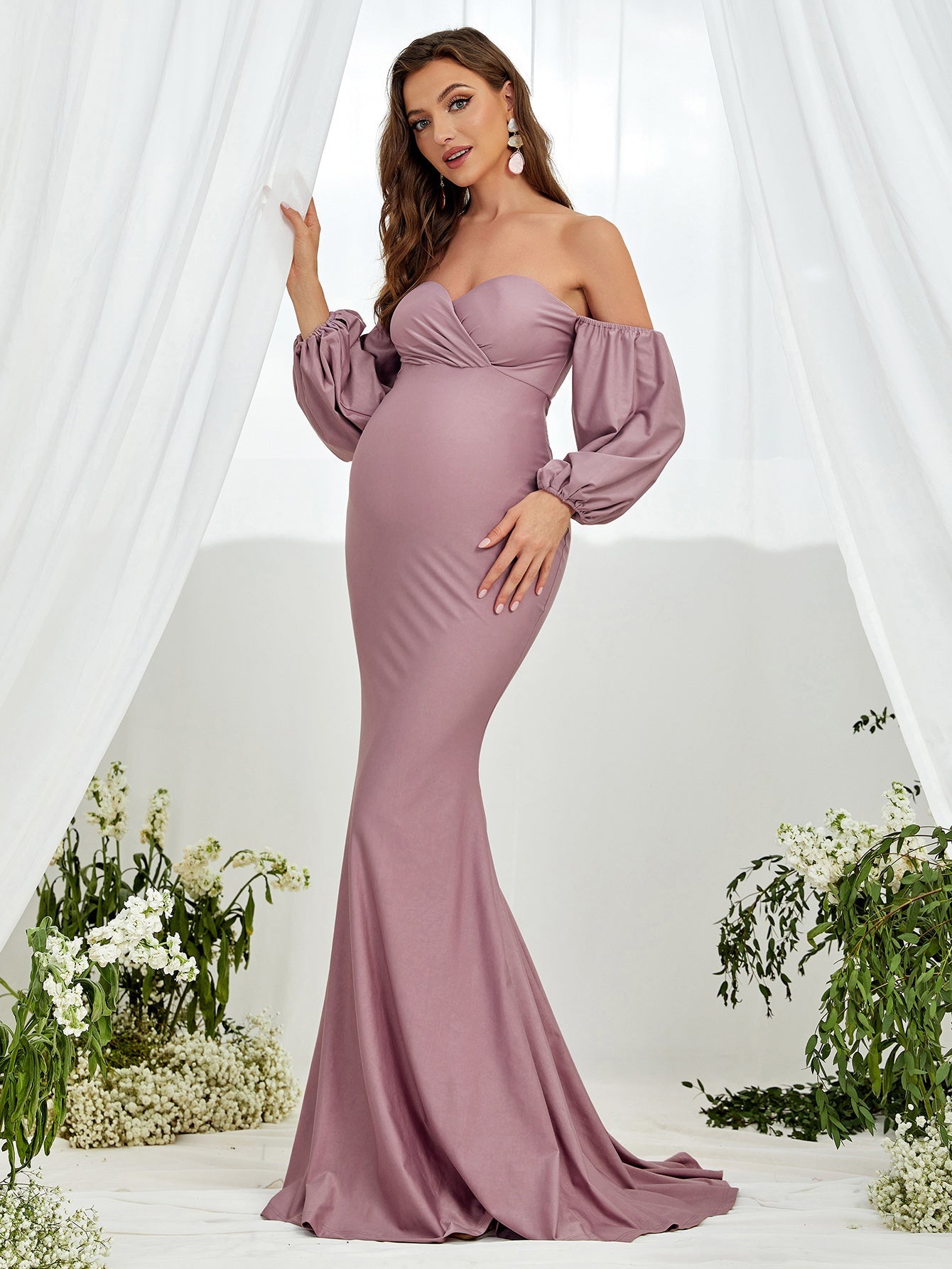 Maternity Off Shoulder Lantern Sleeve Mermaid Dress