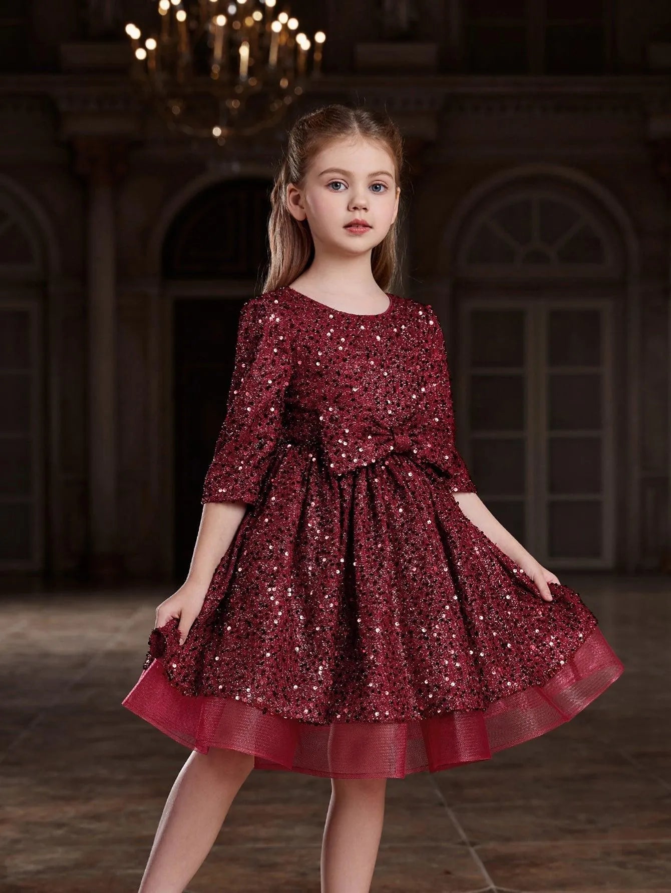 Tween Girls' Bow Detail 3/4 Sleeve Sequin Party Dress