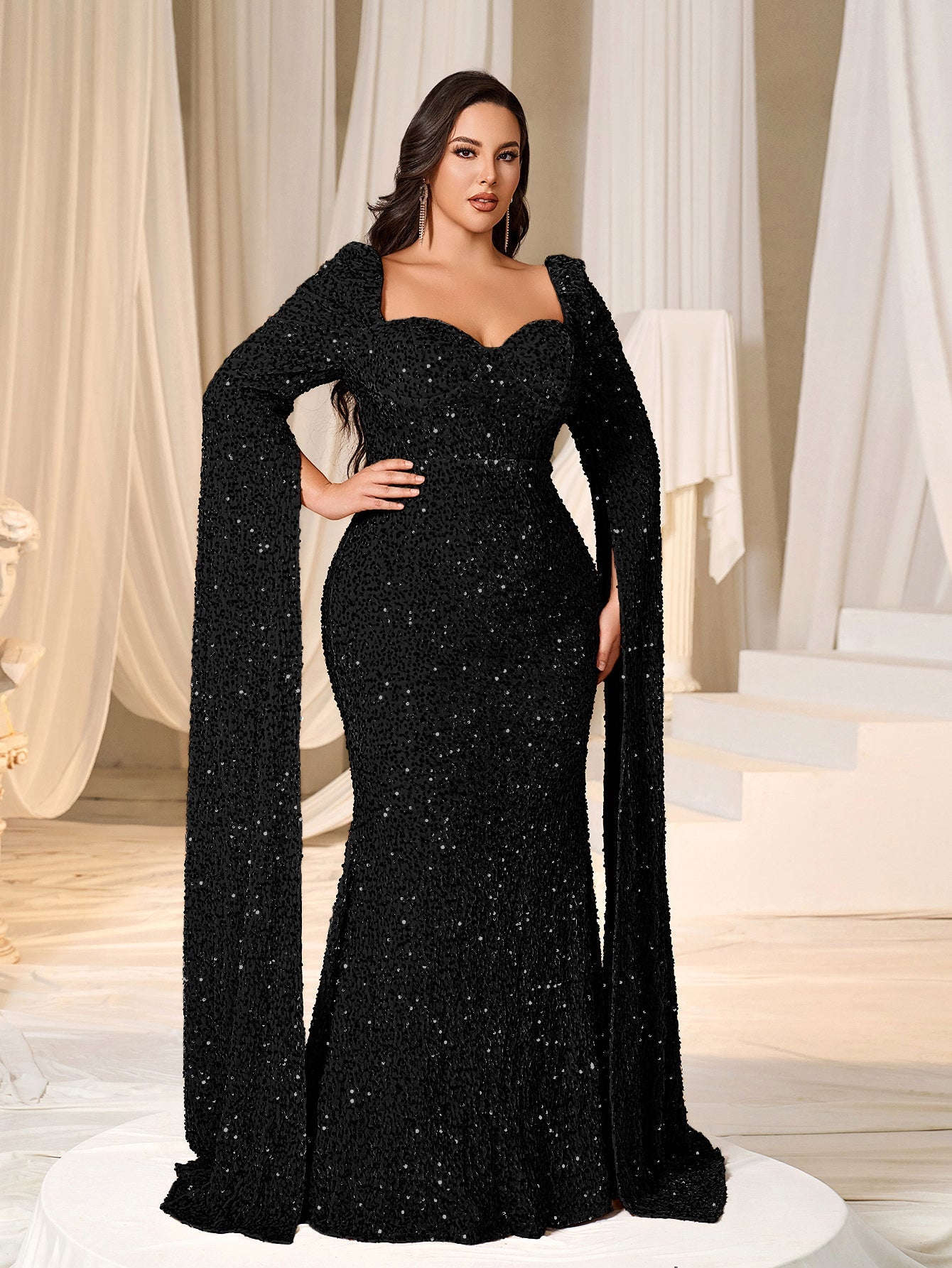 Plus Sweetheart Neck Extra-Long Sleeves Sequin Evening Dress