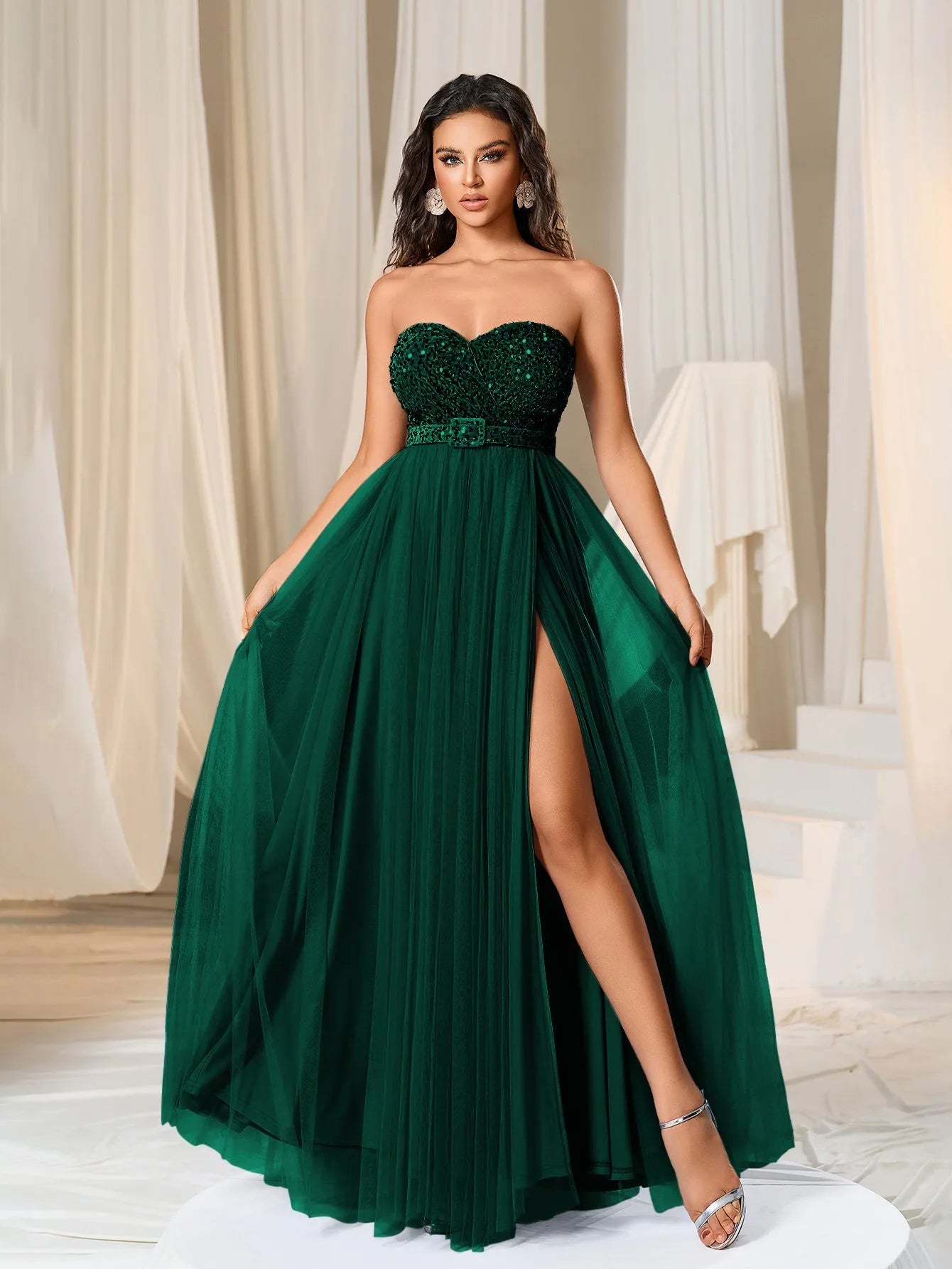 Elegant Strapless Split Thigh A-line Formal Evening Dress