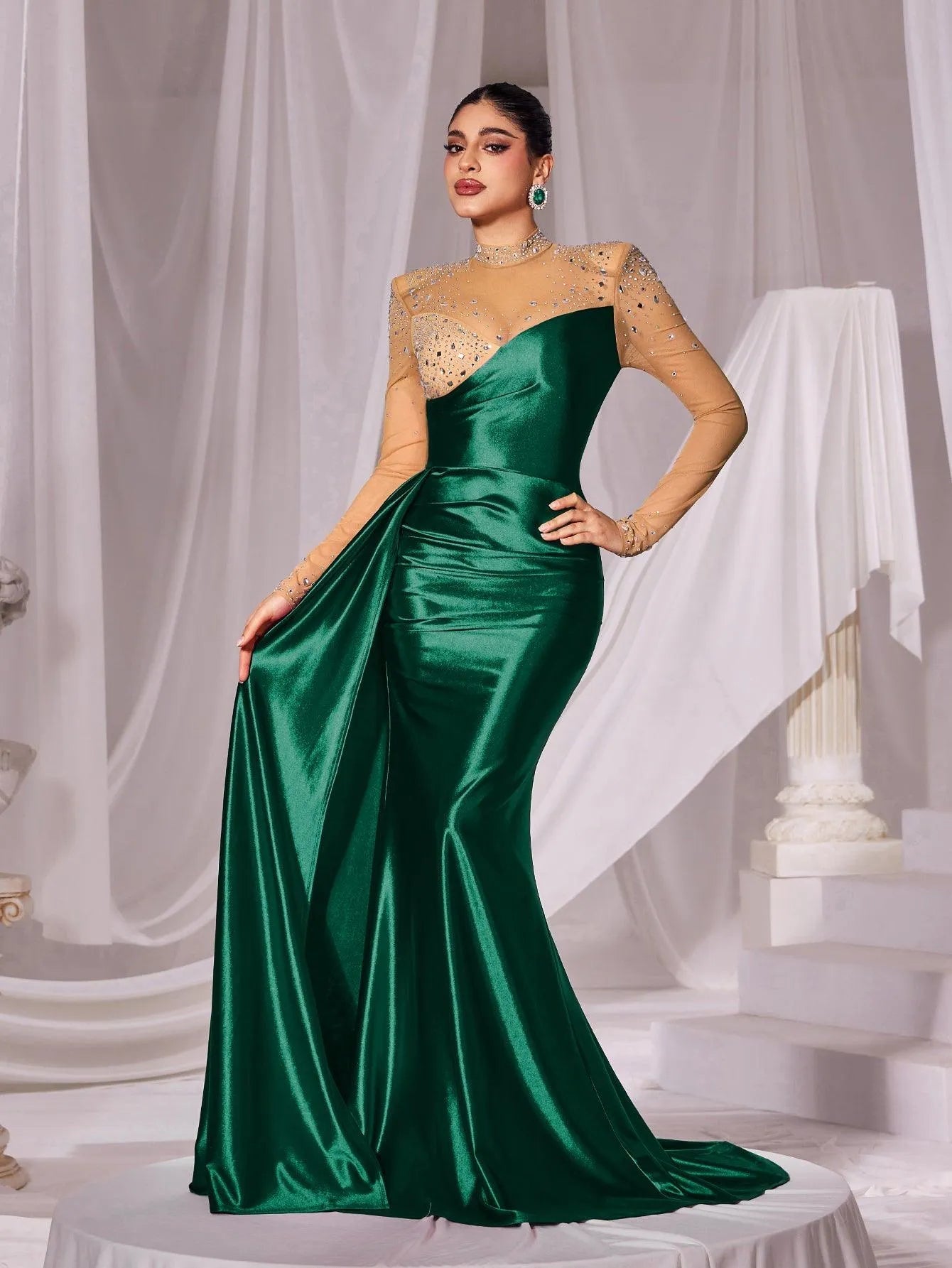 Rhinestone Detail Mock Neck Satin Mermaid Prom Dress