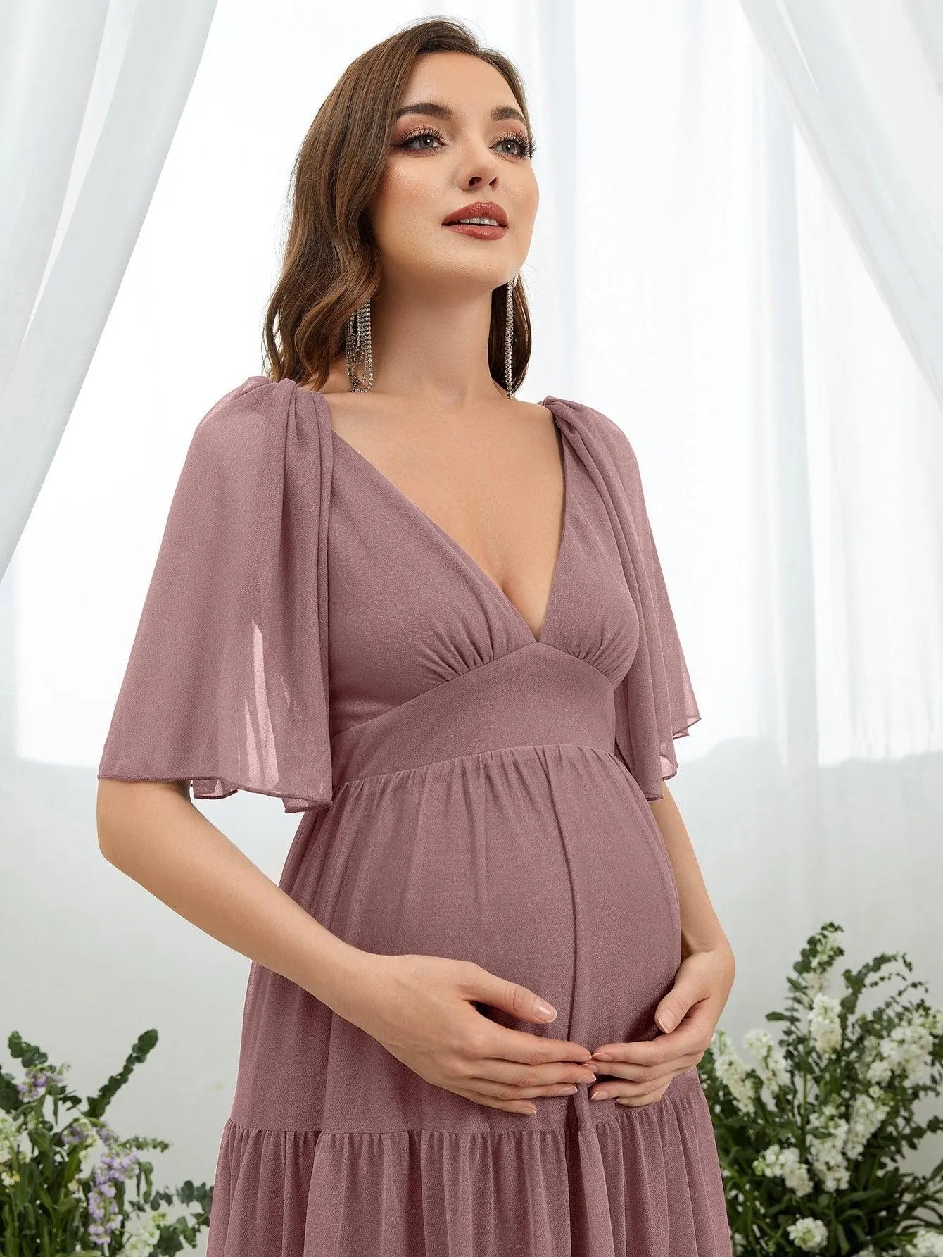 Maternity Plunging Neck Butterfly Sleeve Ruffle Hem Dress