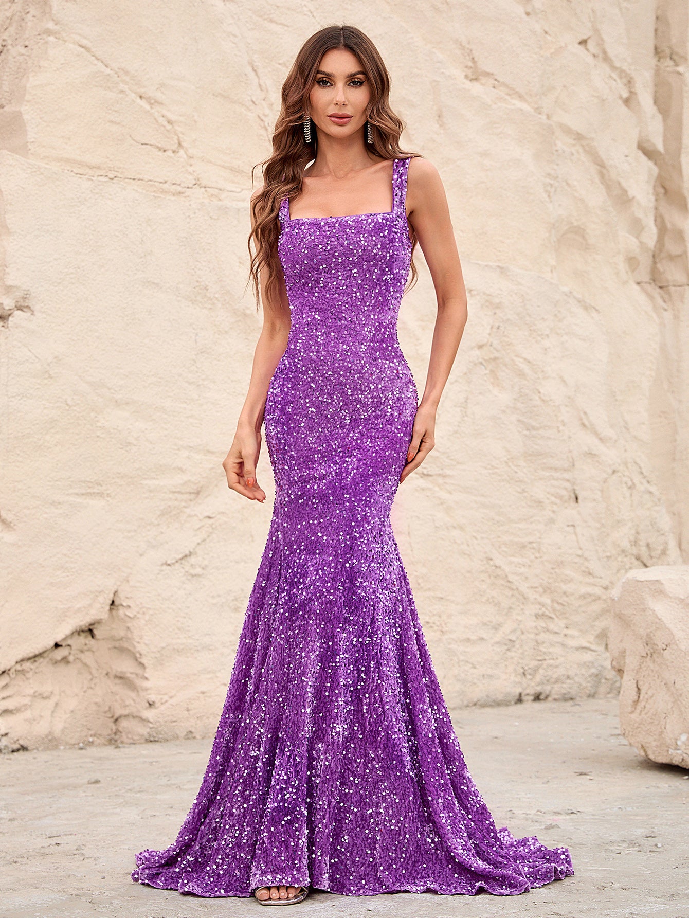 Square Neck Sleeveless Sequin Mermaid Dresses