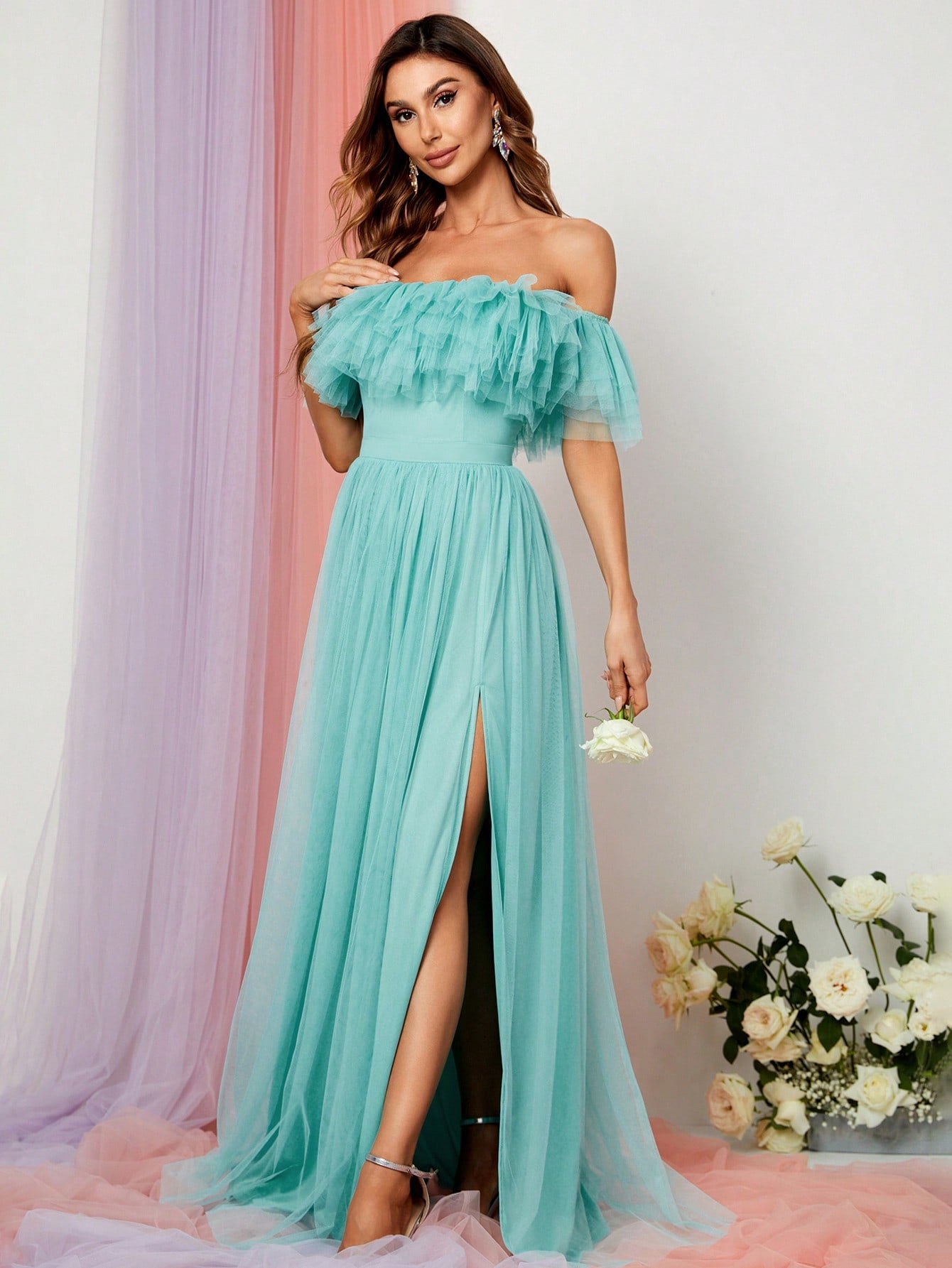 Off Shoulder Ruffle Trim Split Thigh A Line Dress