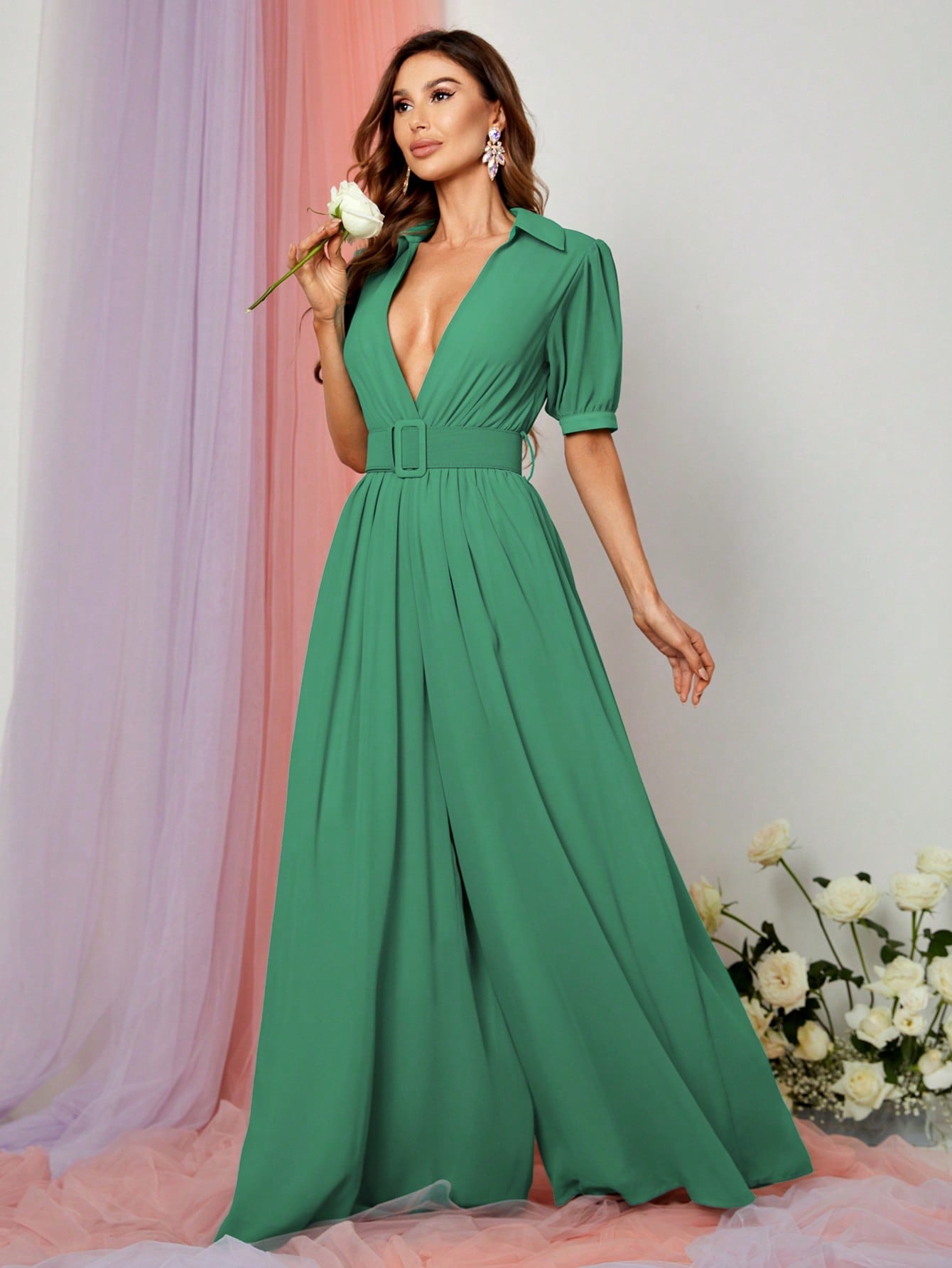 Deep V Short Sleeve Wide Leg Jumpsuit