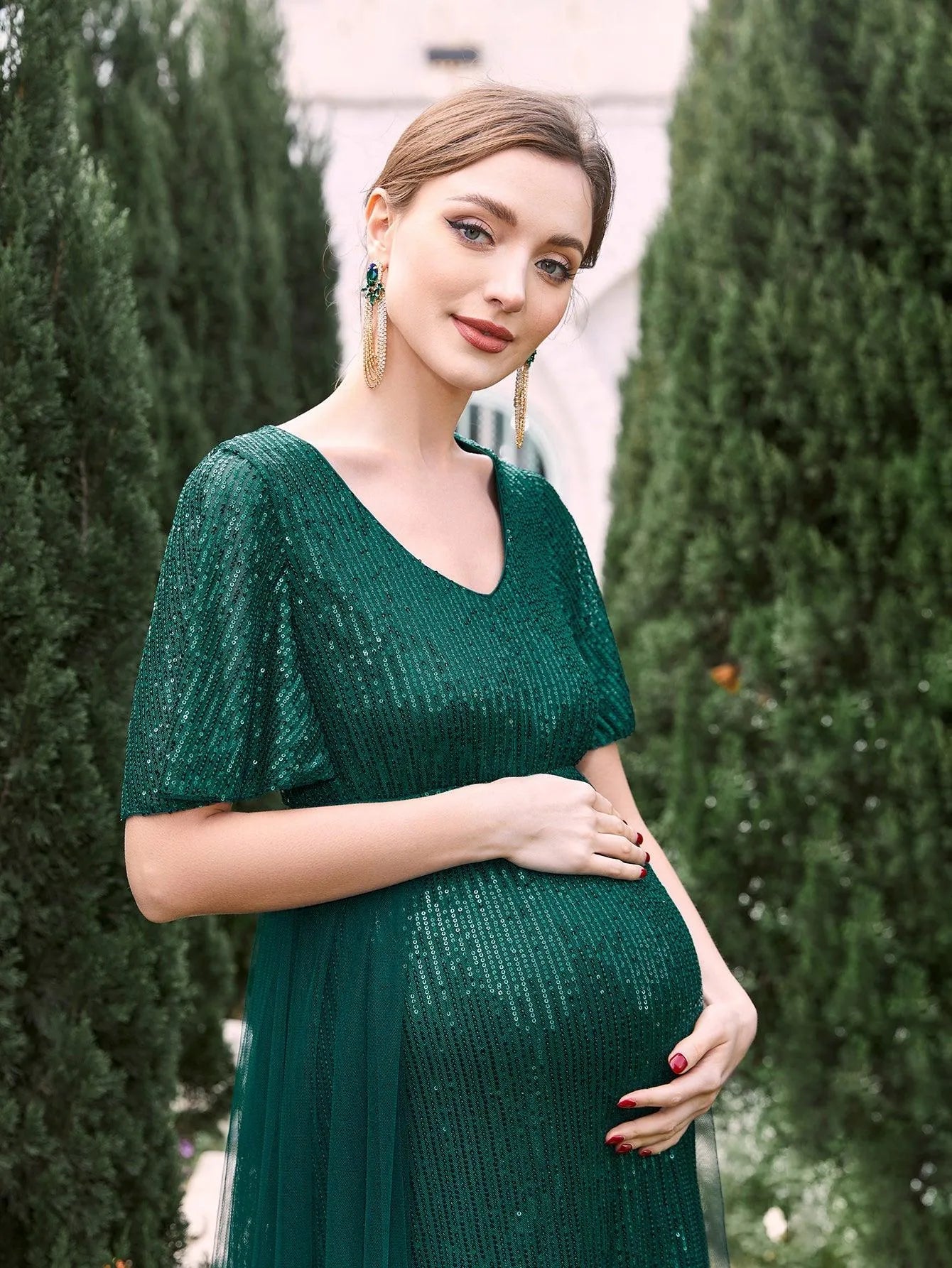 Maternity Mesh Overlay Puff Sleeves Sequin Prom Dress