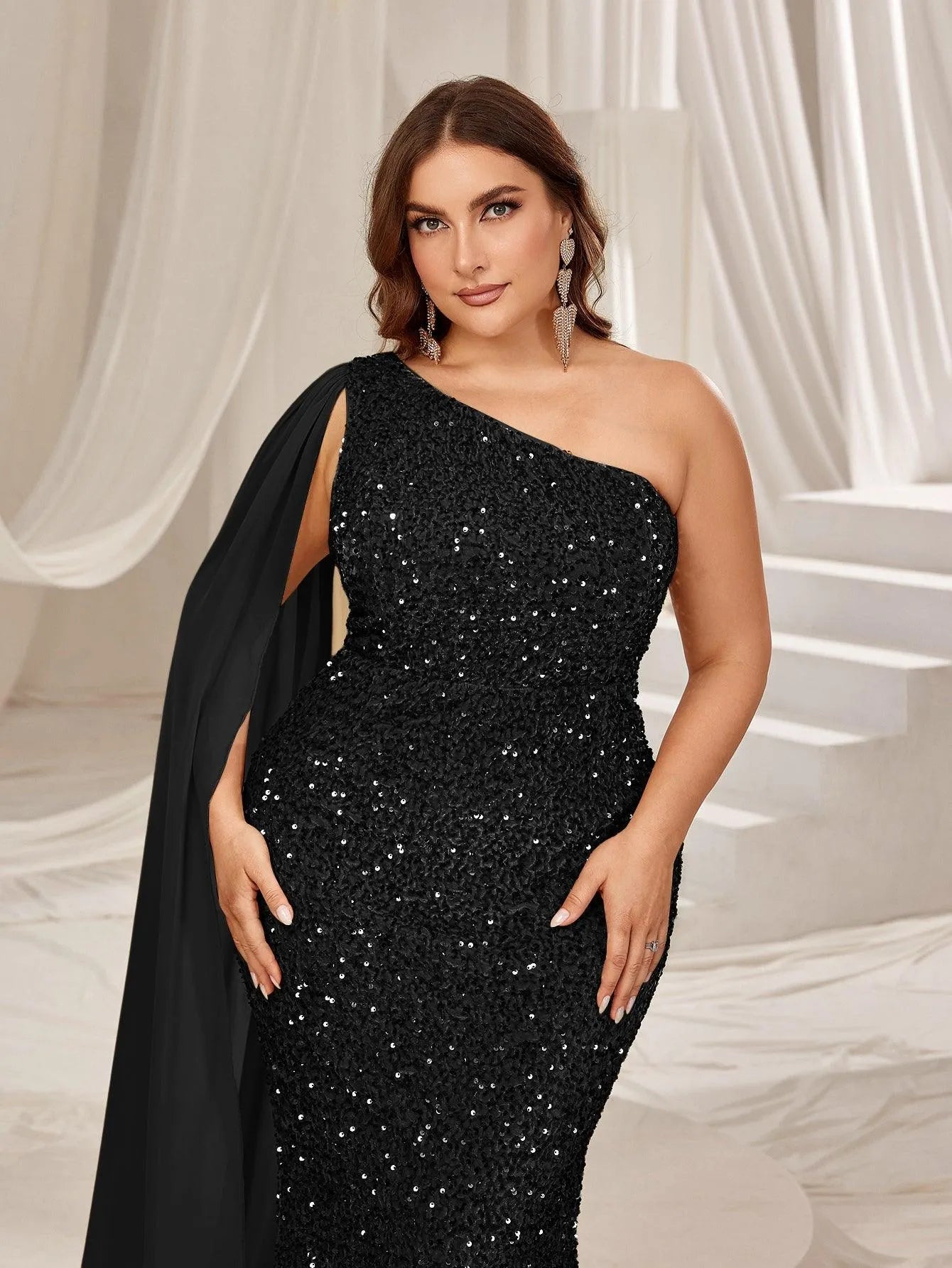 Plus One Shoulder Draped Side Sequin Mermaid Dress