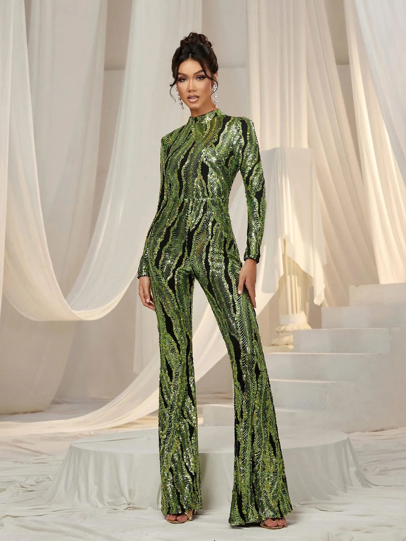 Elegant Mock Neck Long Sleeves Graphic Sequin Jumpsuit