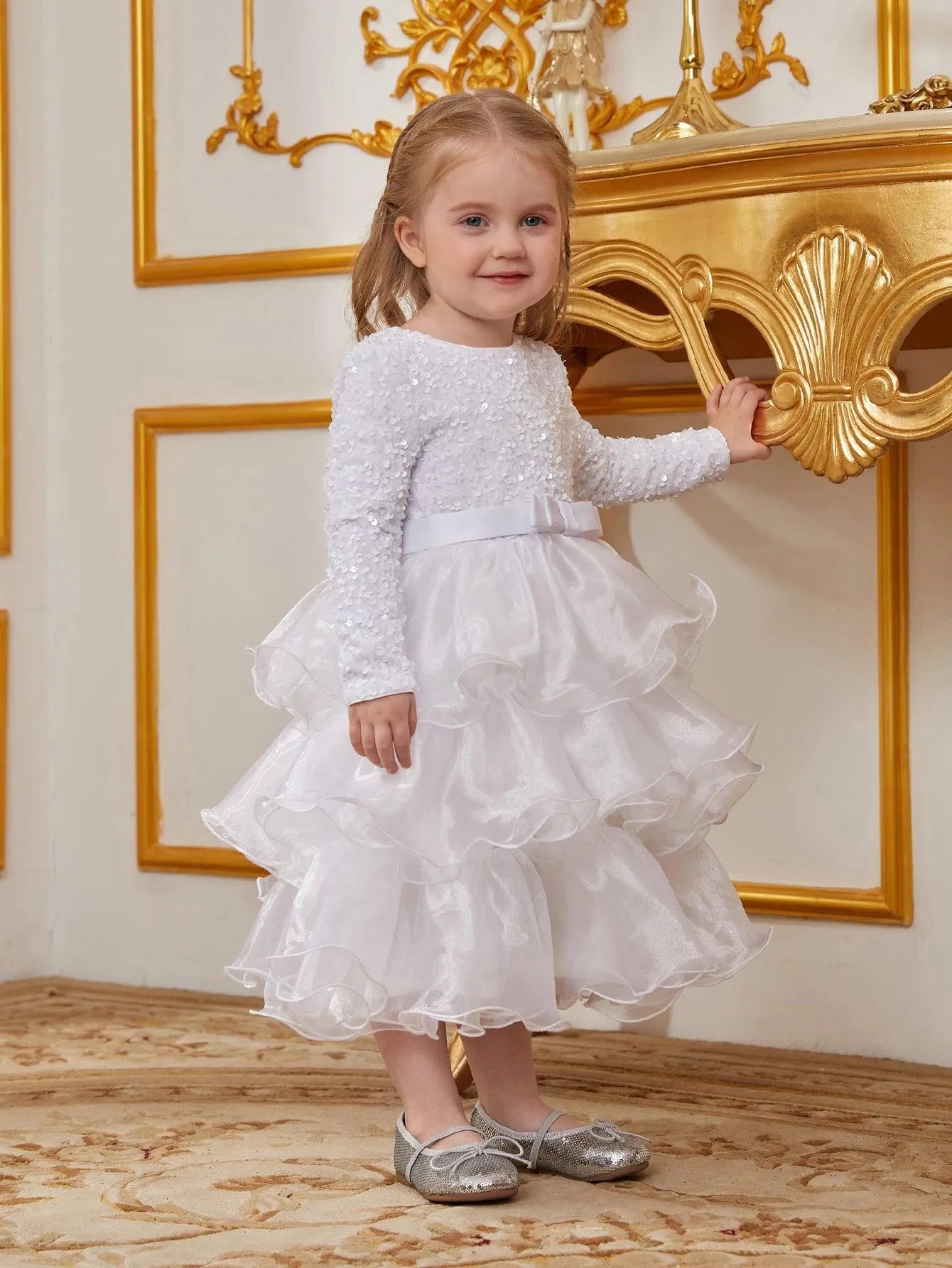 Young Girls' Sequin Contrast Layered Organza Hem Dress