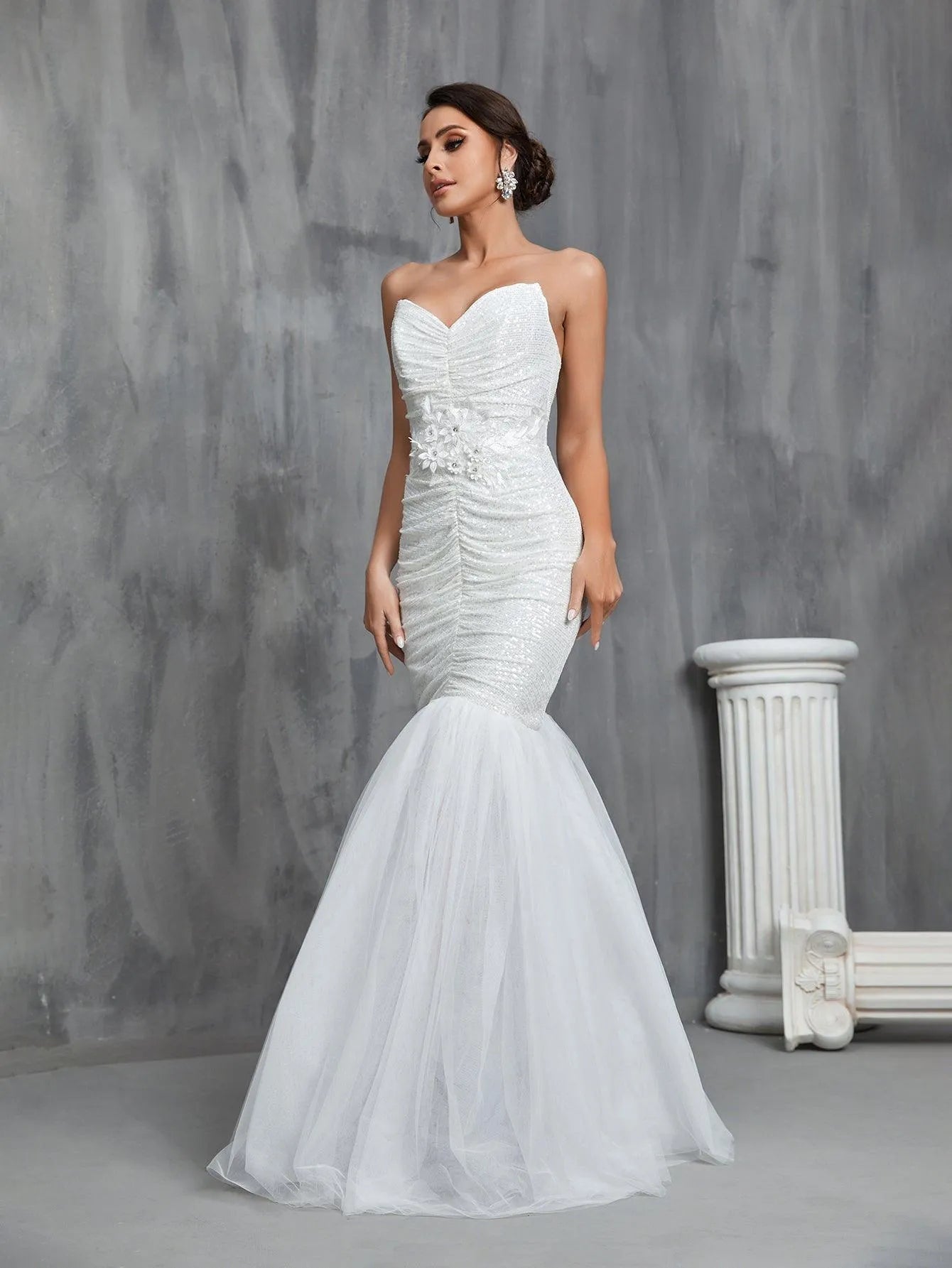 Ruched Front Mermaid Hem Sequin Tube Wedding Dresses