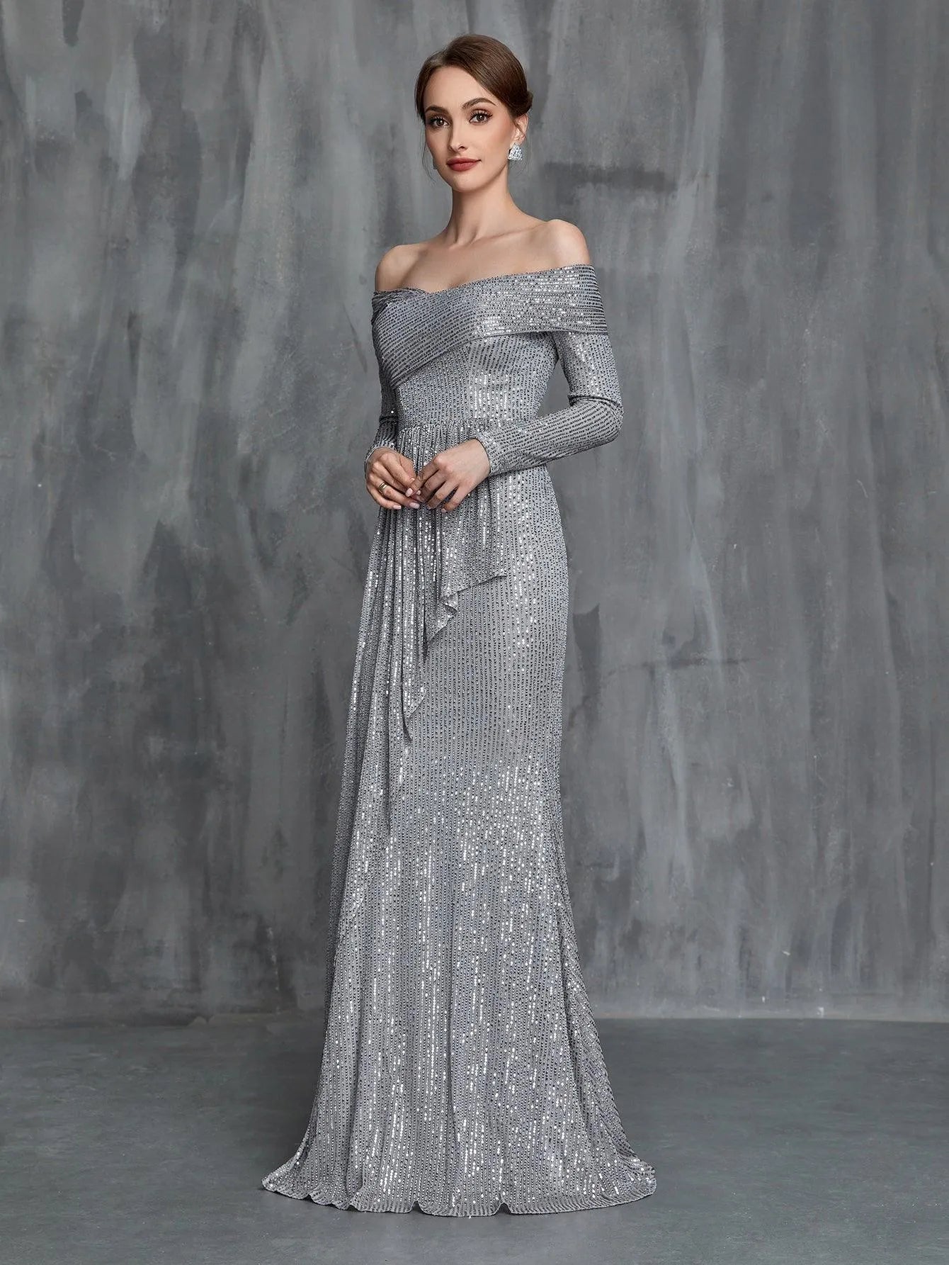 Womens' Off Shoulder Long Sleeves Sequin Formal Dress