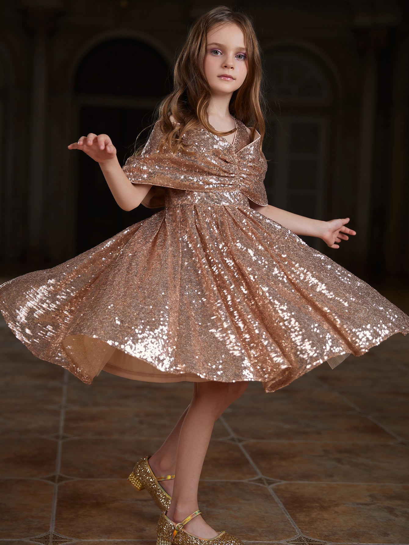 Girl's Bow Detail Sequin Midi Dress