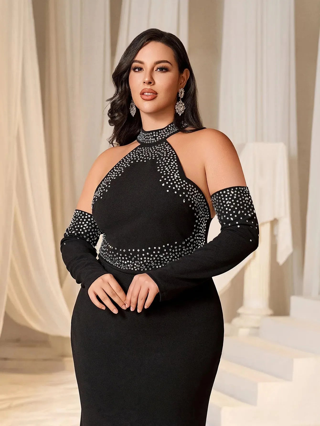 Plus Rhinestone Detail Halter Neck Mermaid Hem Evening Dress