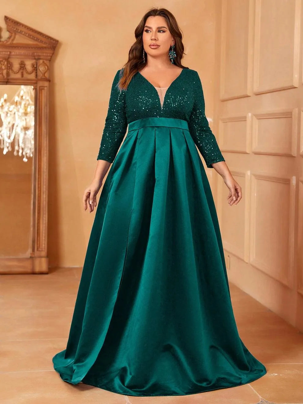 Plus Deep V Neck 3/4 Sleeve Slit A Line Prom Dress