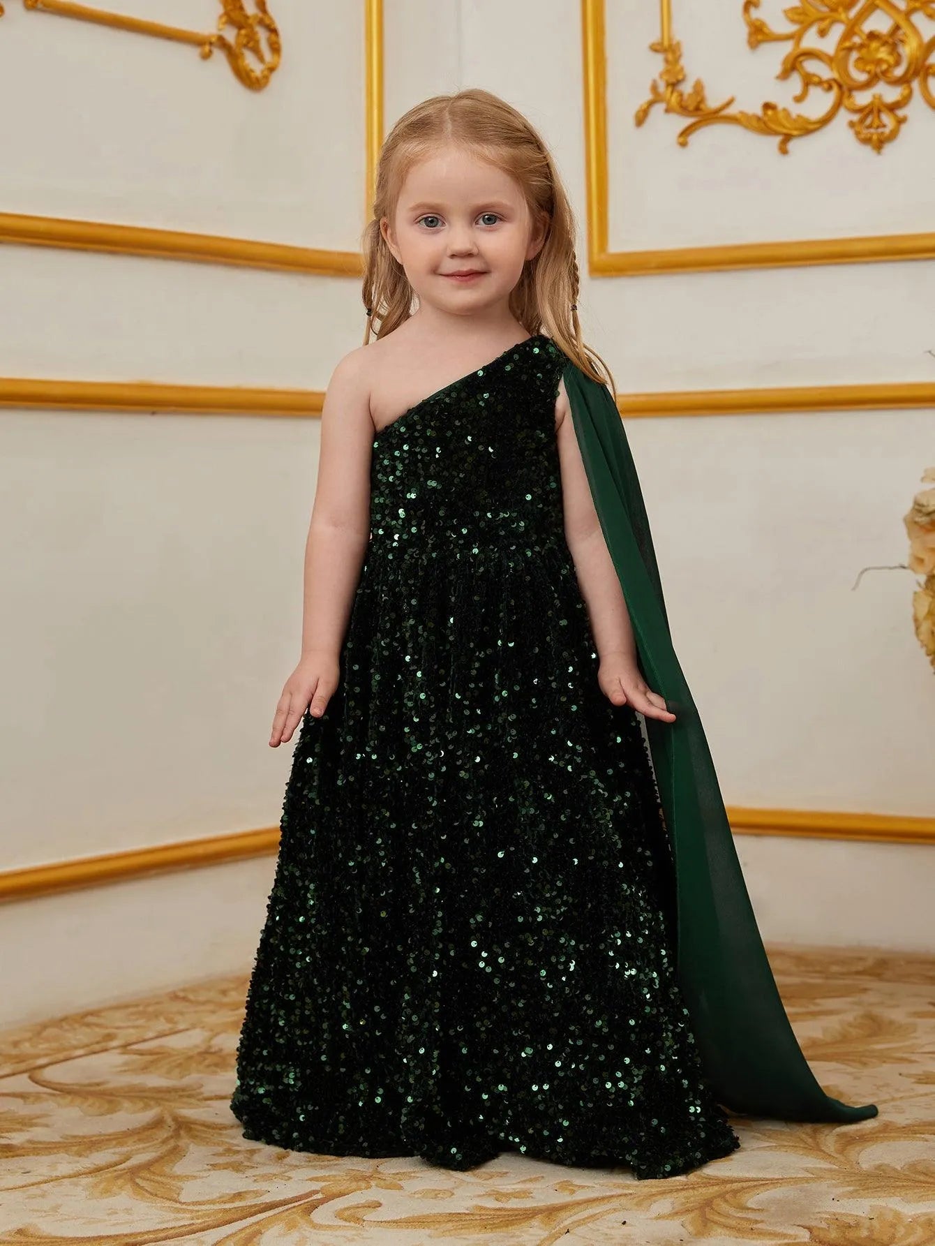 Young Girls' One Shoulder Draped Side Sequin A Line Dress