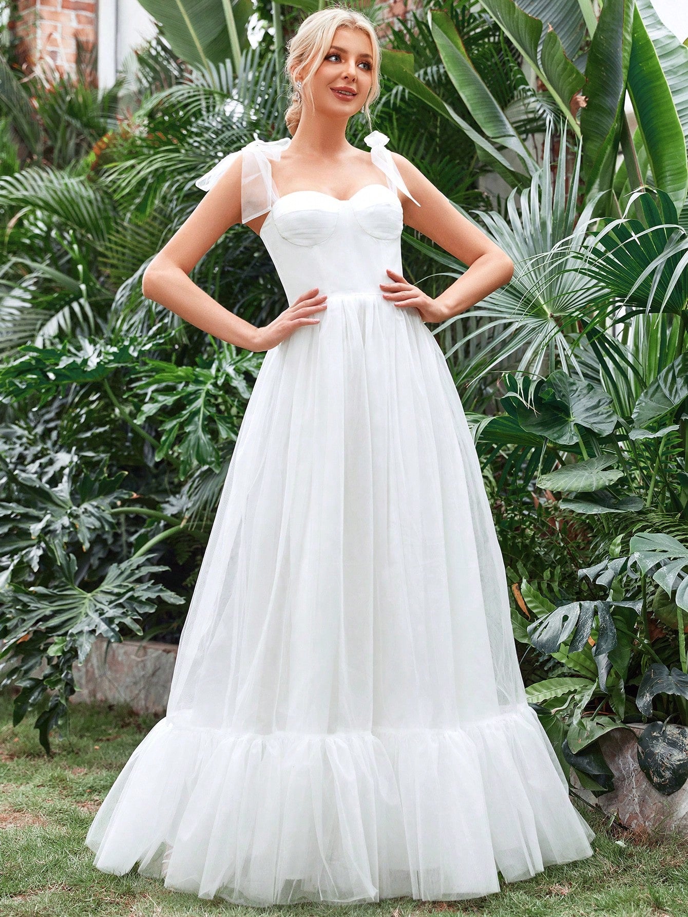 Tie Shoulder Ruffle Hem Mesh Wedding Dress