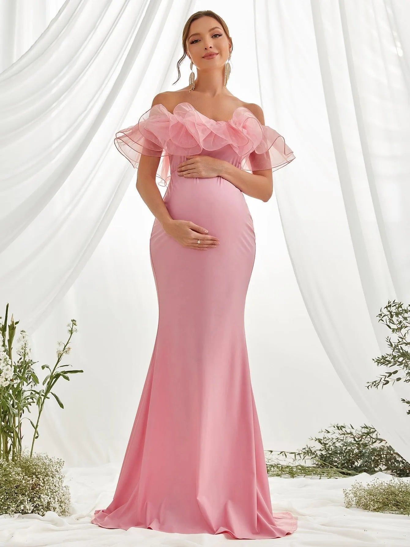 Maternity Ruffle Trim Off Shoulder Mermaid Hem Party Dress