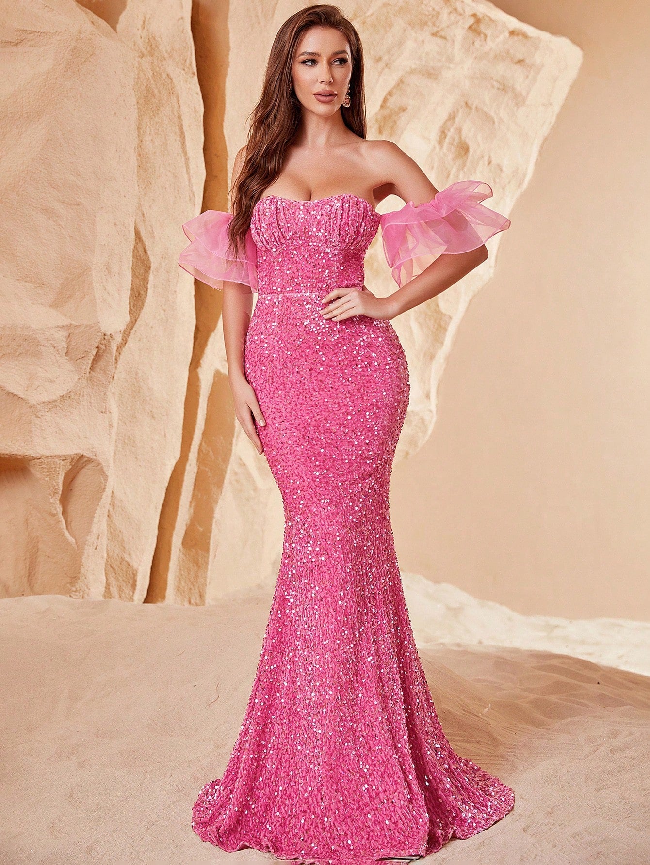 Off Shoulder Ruffle Trim Sequin Mermaid Dress