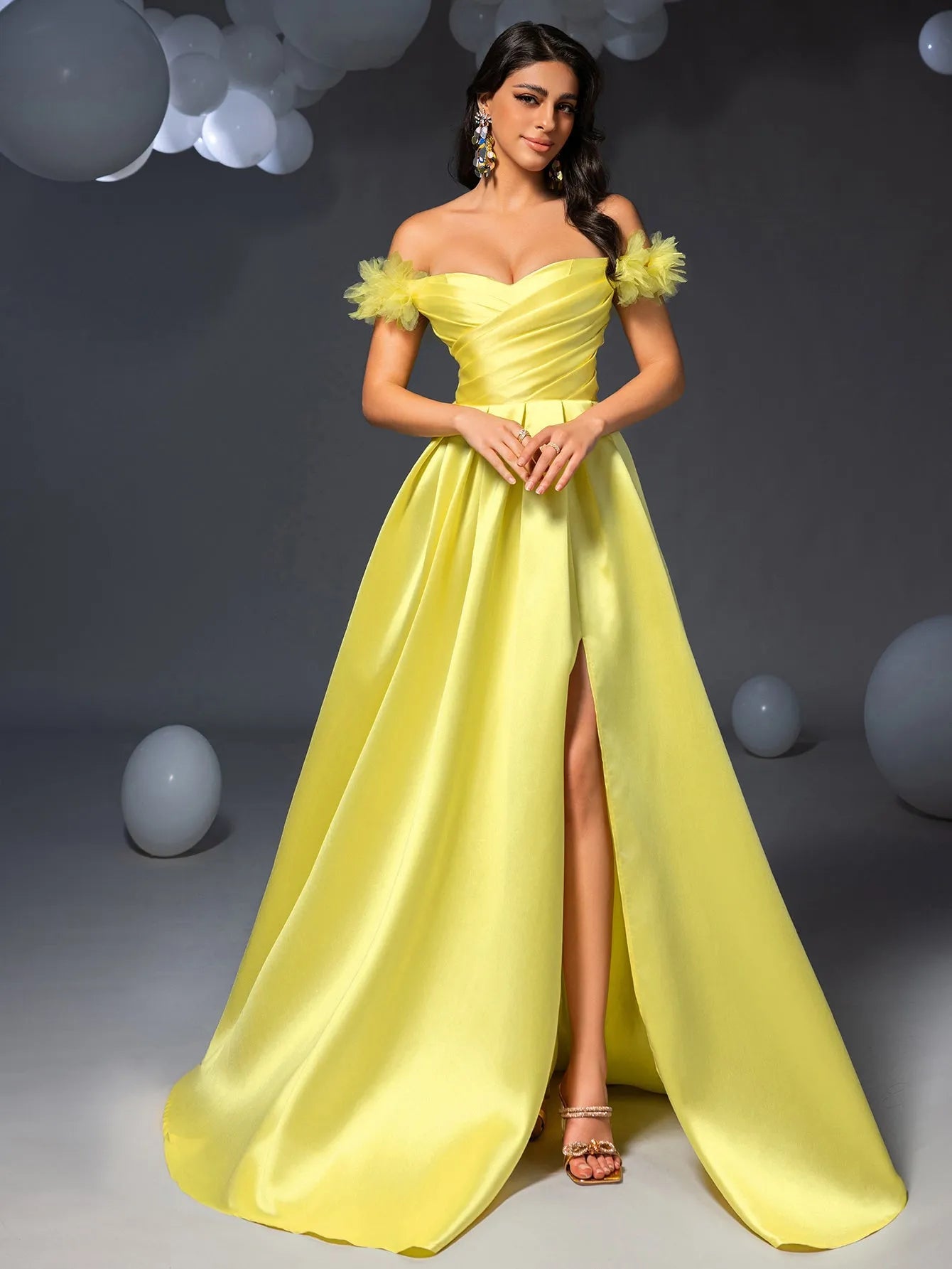 Elegant Off Shoulder Ruched Front Split Satin Prom Dress