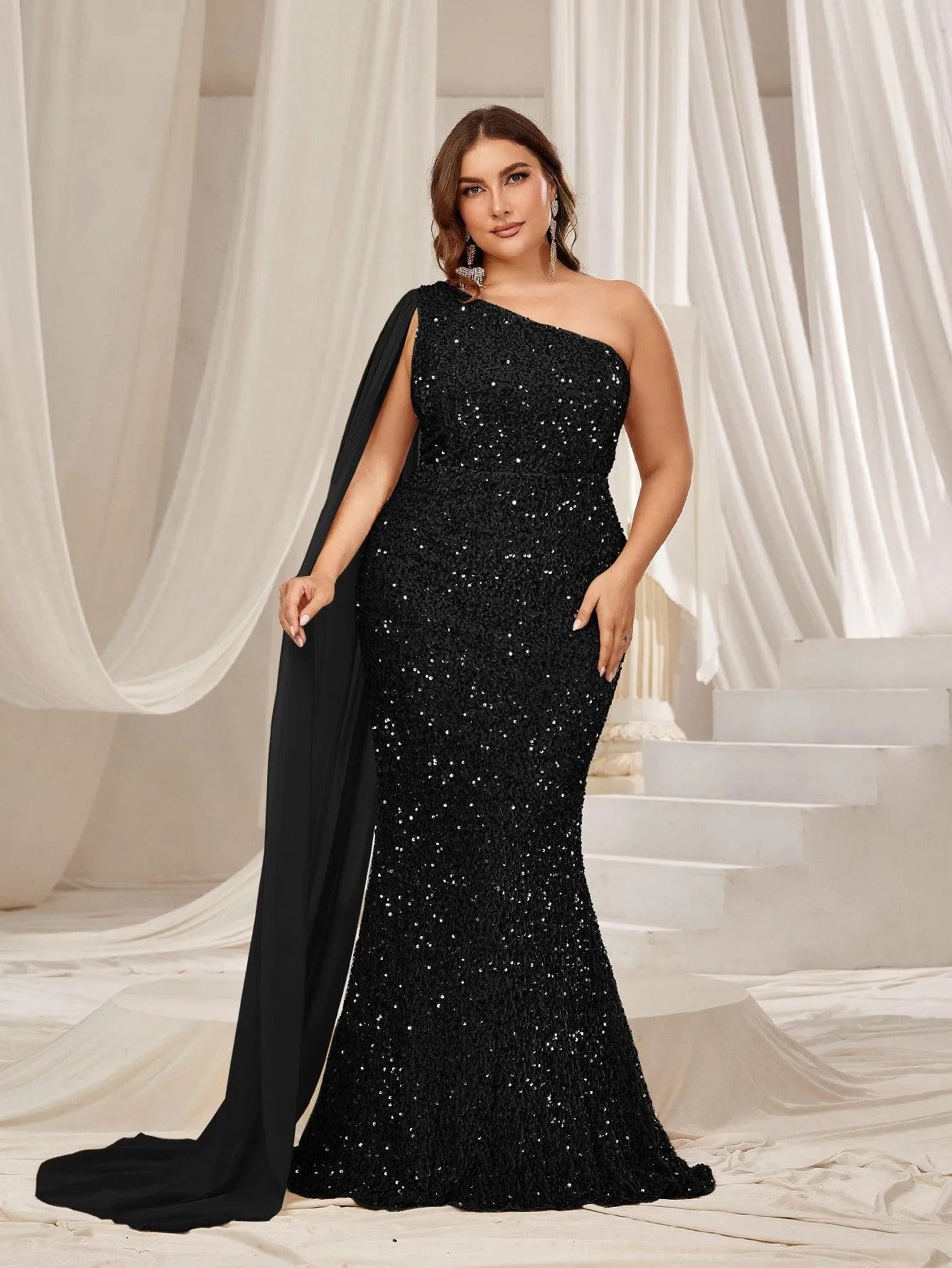 Plus One Shoulder Draped Side Sequin Mermaid Dress