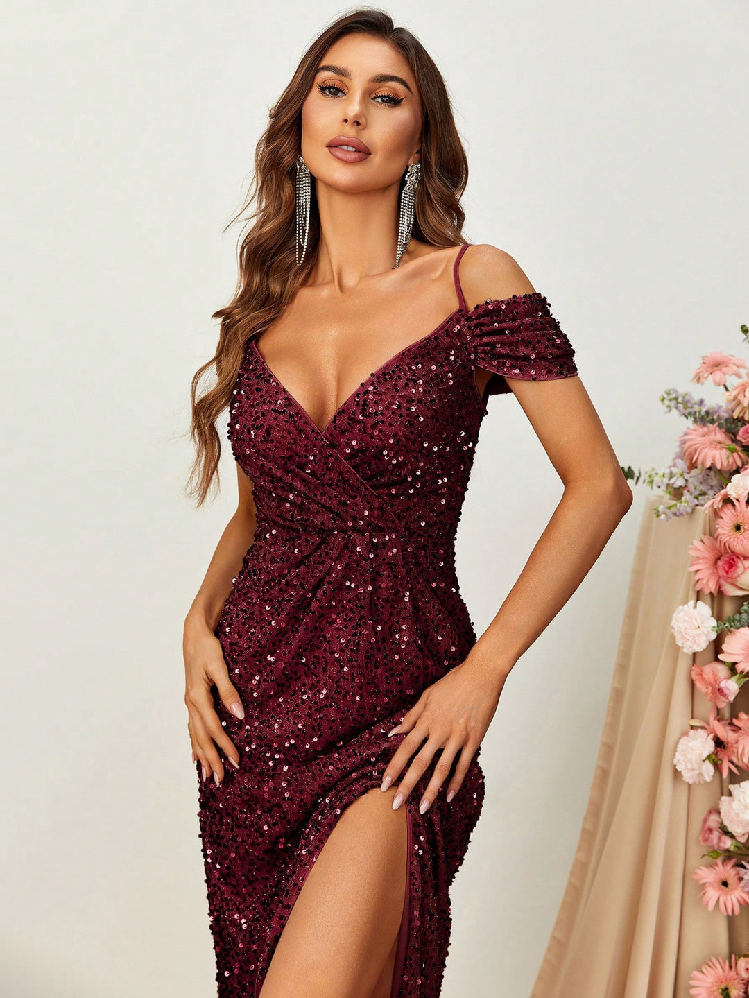 Elegant Off Shoulder Short Sleeve Sequin A Line Slit Dresses