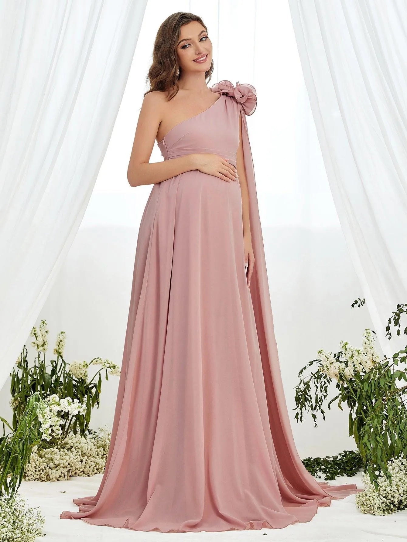 Maternity Stereo Flower Decor One Shoulder Chiffon Dress