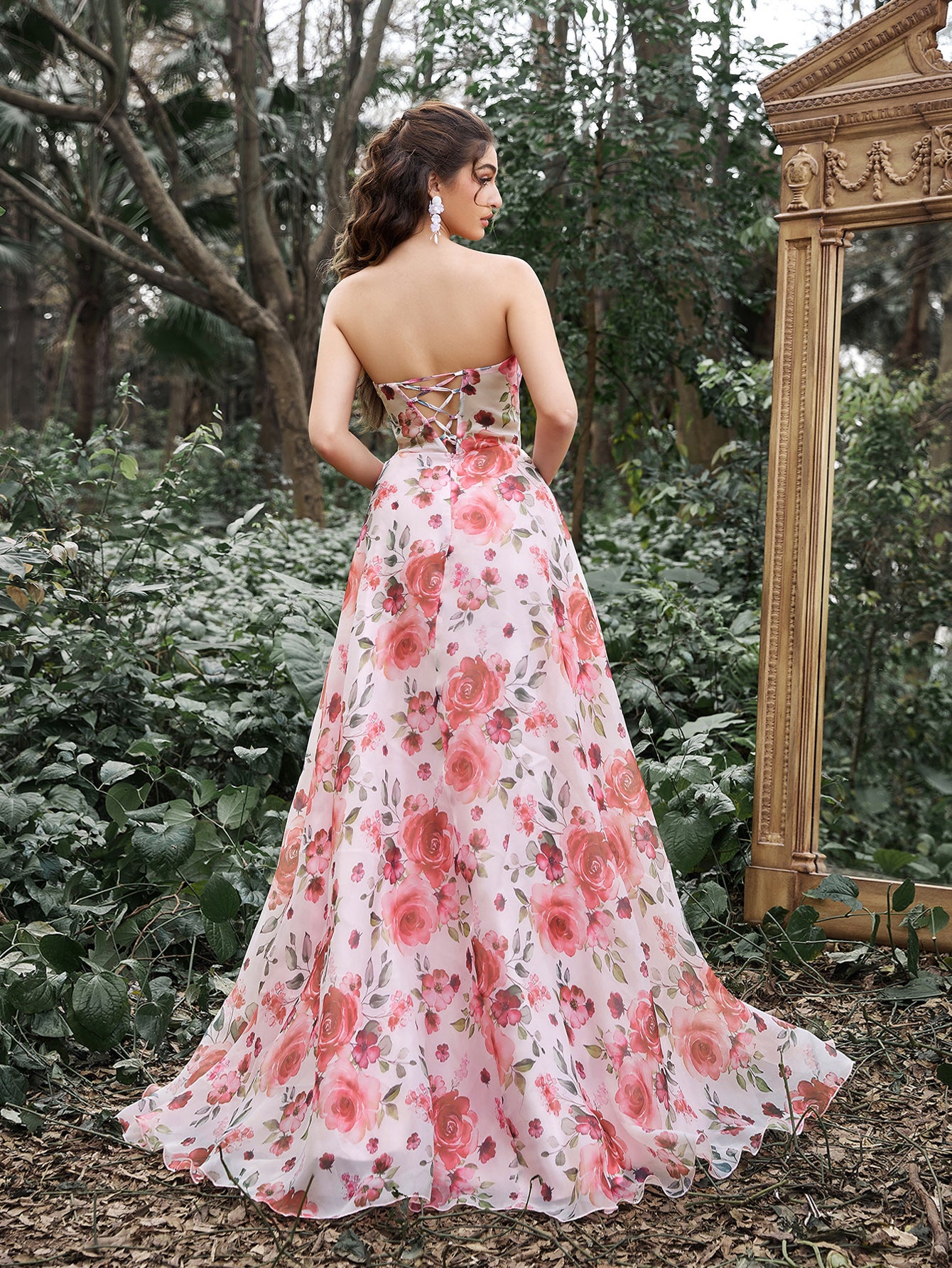 Elegant Lace UP Back Floral Printed Organza Prom Tube Dress