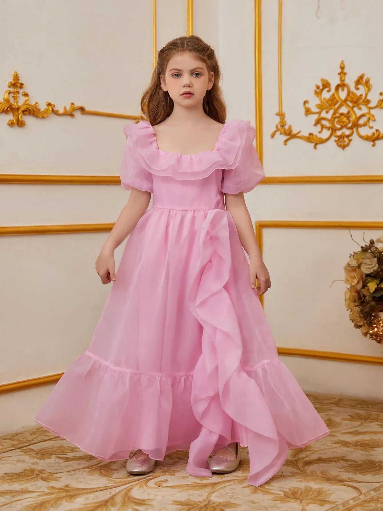 Tween Girls' Ruffle Trim Puff Sleeves Organza Party Dress