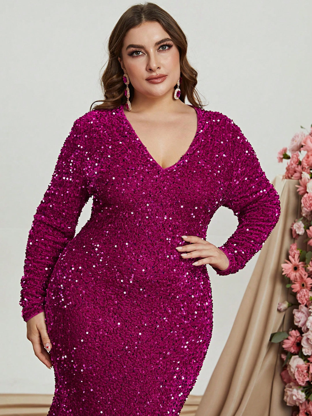 Plus Size Elegant V Neck Long Sleeve Sequin Mermaid Dresses