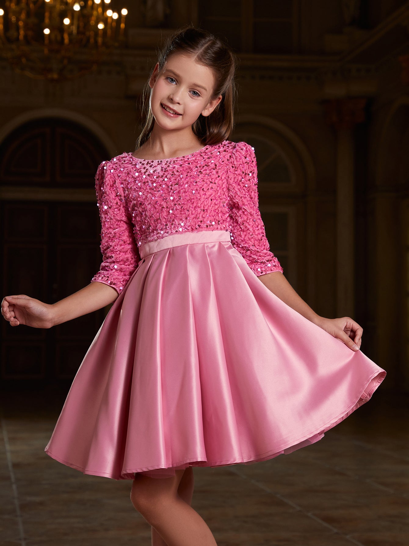 Girl's Sequin Contrast Pleated Satin Hem Dress