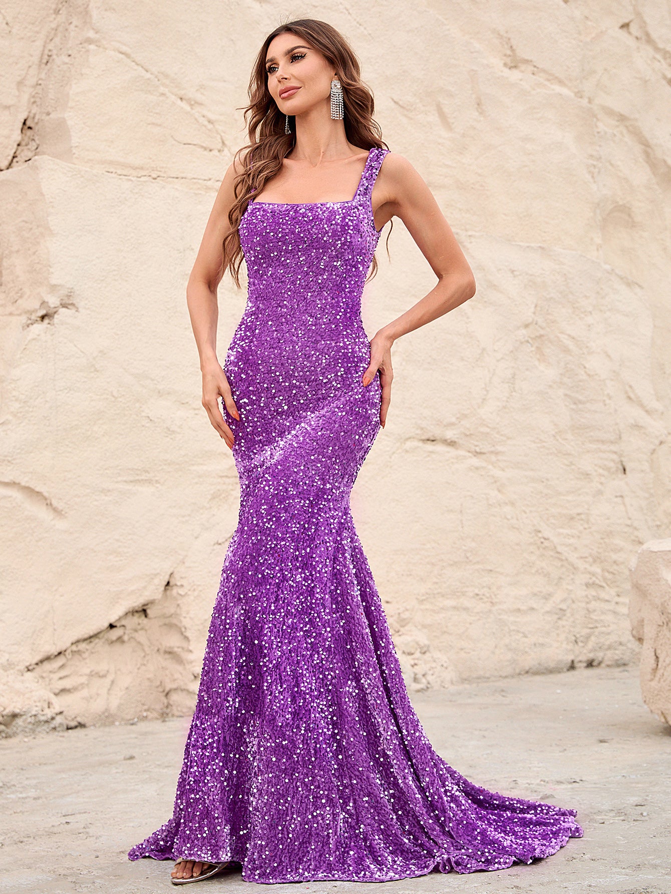 Square Neck Sleeveless Sequin Mermaid Dresses