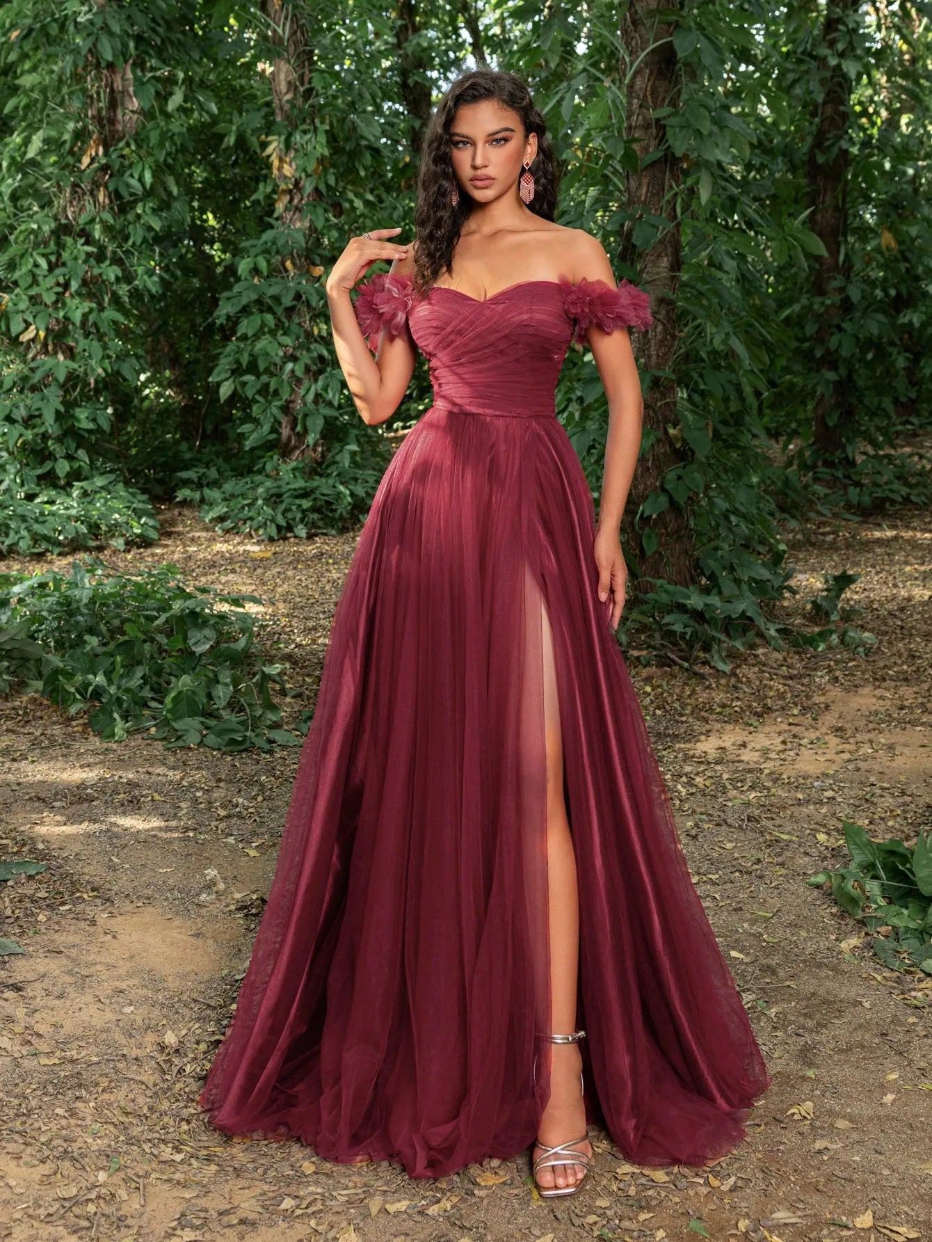 Elegant Off Shoulder Ruched Bust Split Thigh Tulle Prom Dress