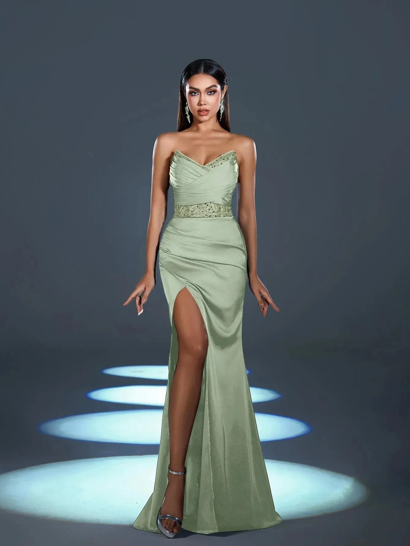 Elegant Strapless Contrast Sequin Split Thigh Satin Mermaid Party Dress