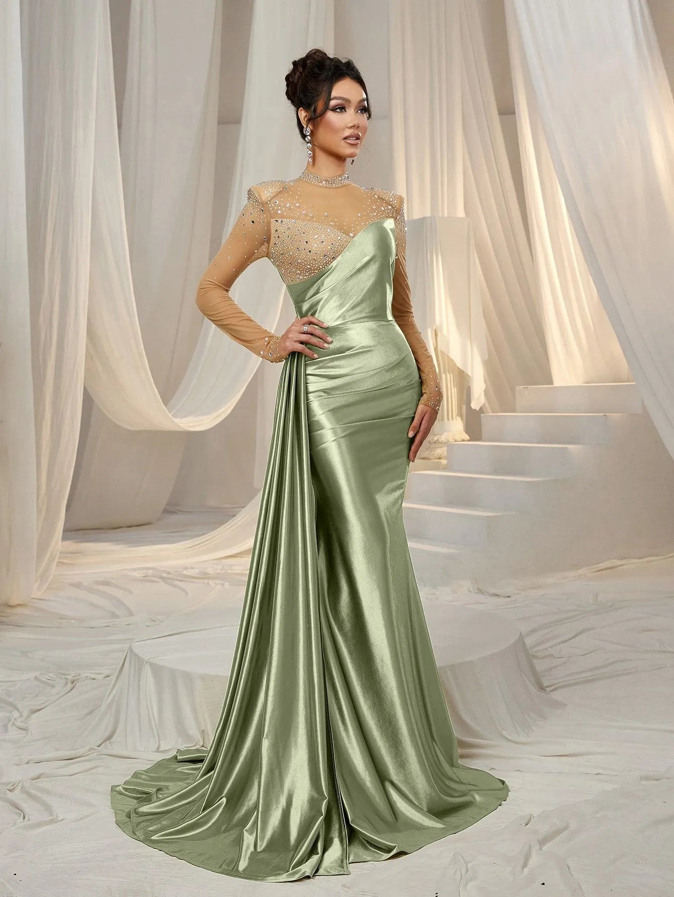 Rhinestone Detail Mock Neck Satin Mermaid Prom Dress