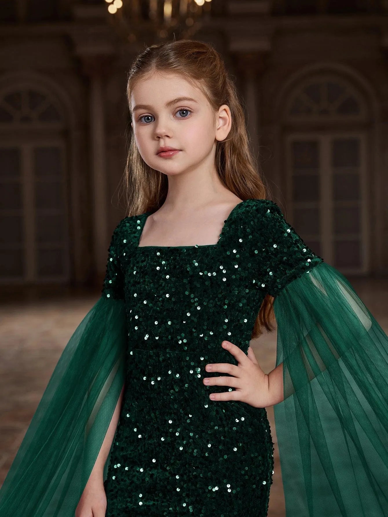 Tween Girls' Square Collar Cloak Sleeves Sequin Mermaid Dress