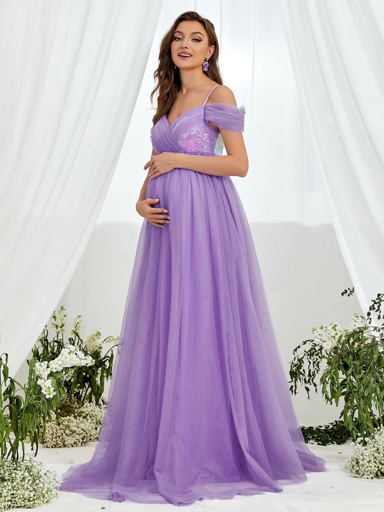 Maternity Sequin Bodice Contrast Mesh Hem Cami Dress