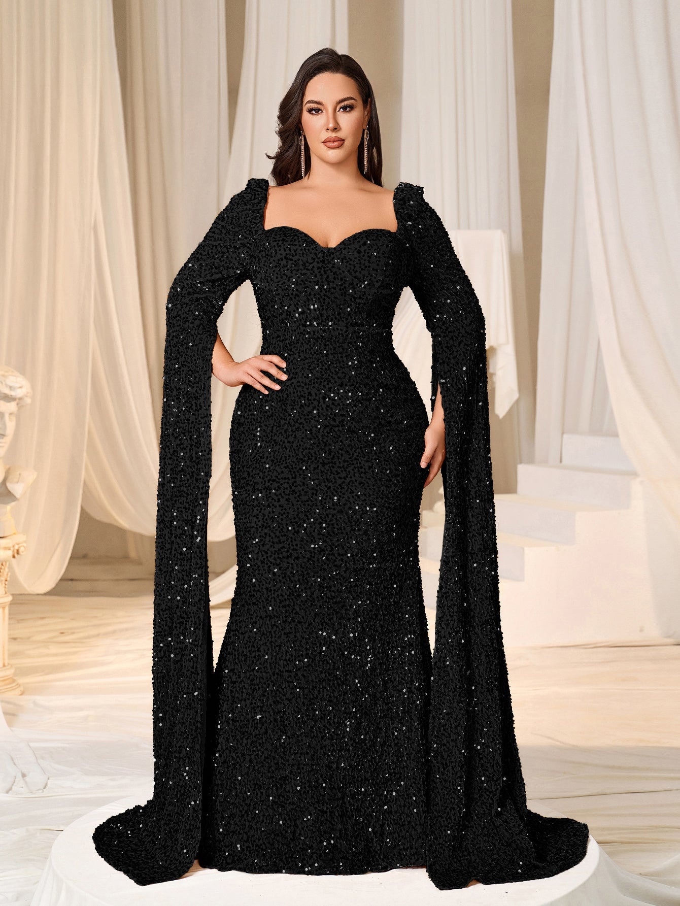 Plus Sweetheart Neck Extra-Long Sleeves Sequin Evening Dress