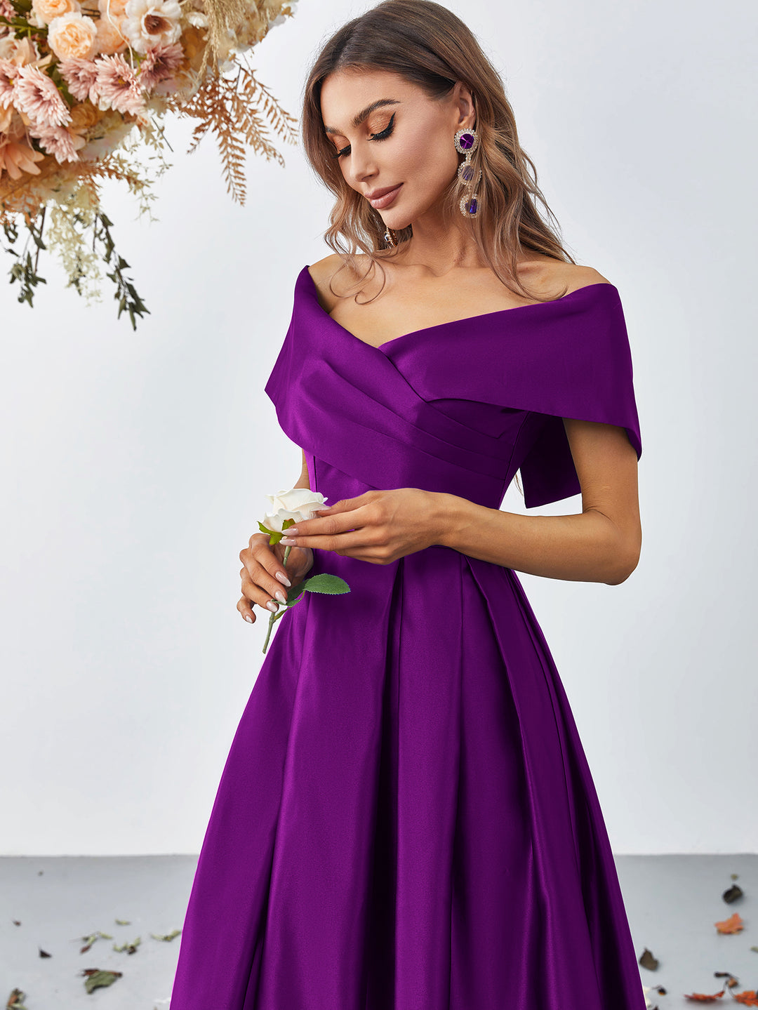 Fold Pleated Detail Off Shoulder Satin A Line Dress