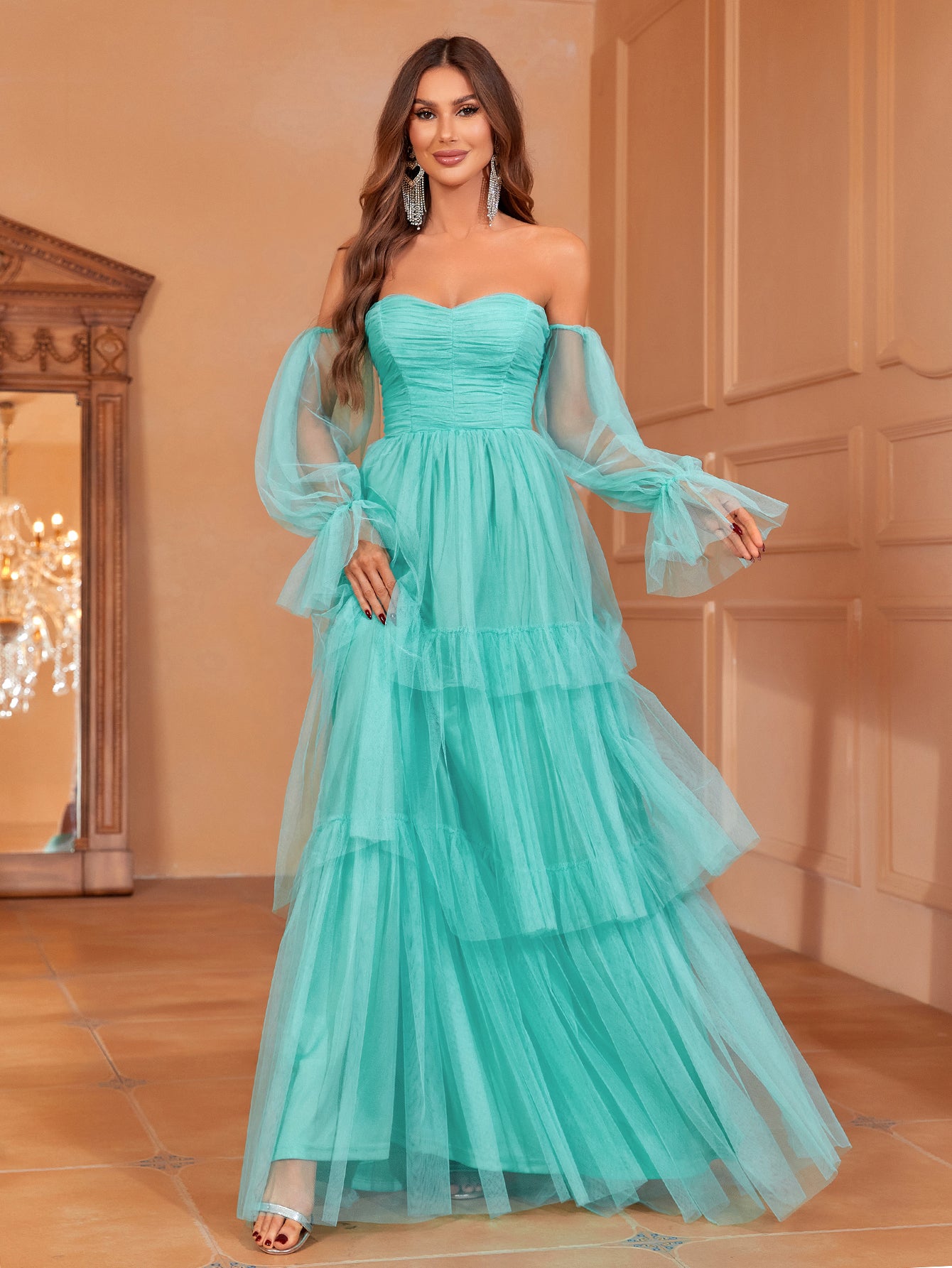 Off Shoulder Lantern Sleeve Mesh Layered Dress