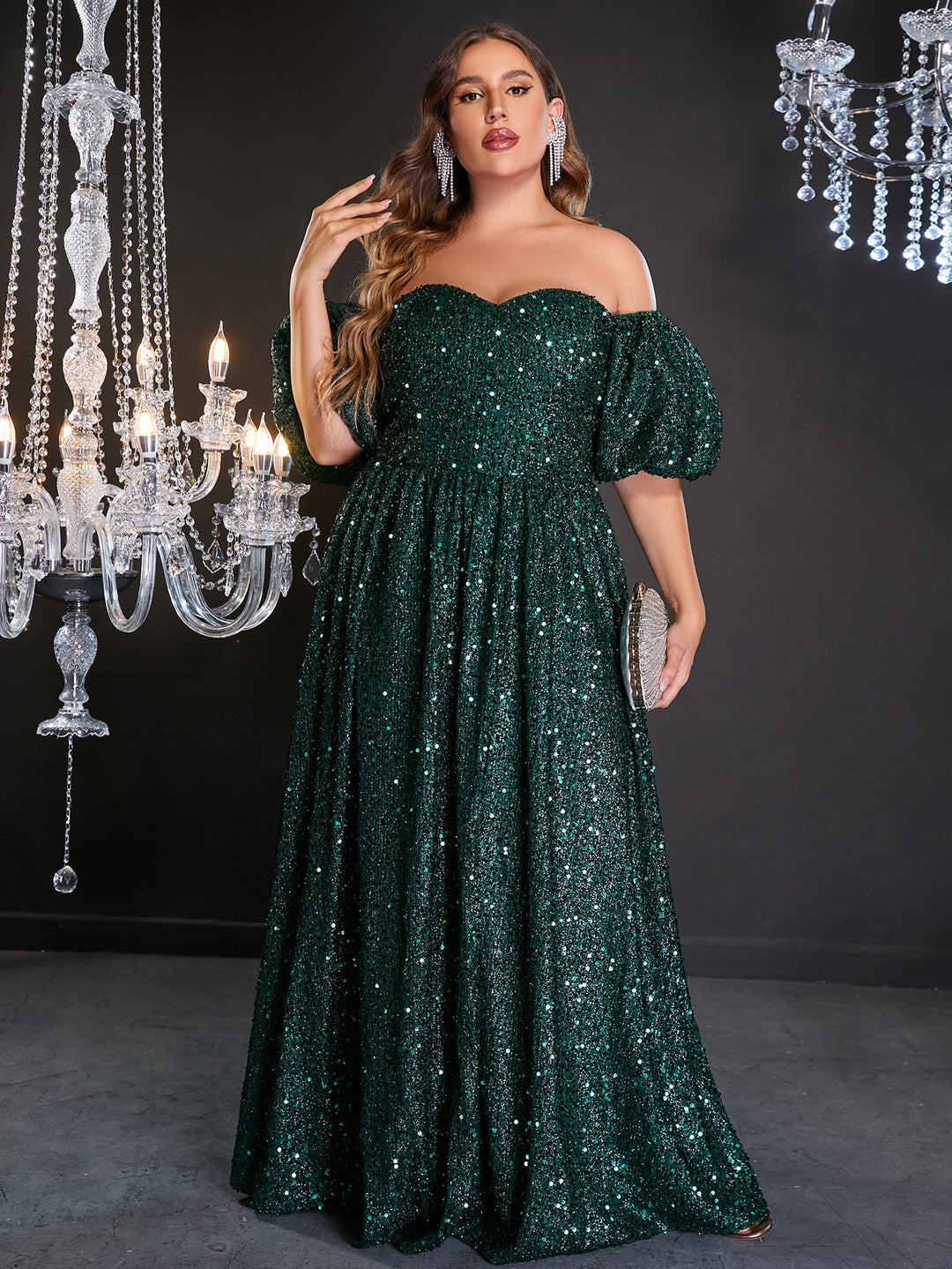 Plus Elegant Off Shoulder Short Sleeve Sequin A Line Dresses