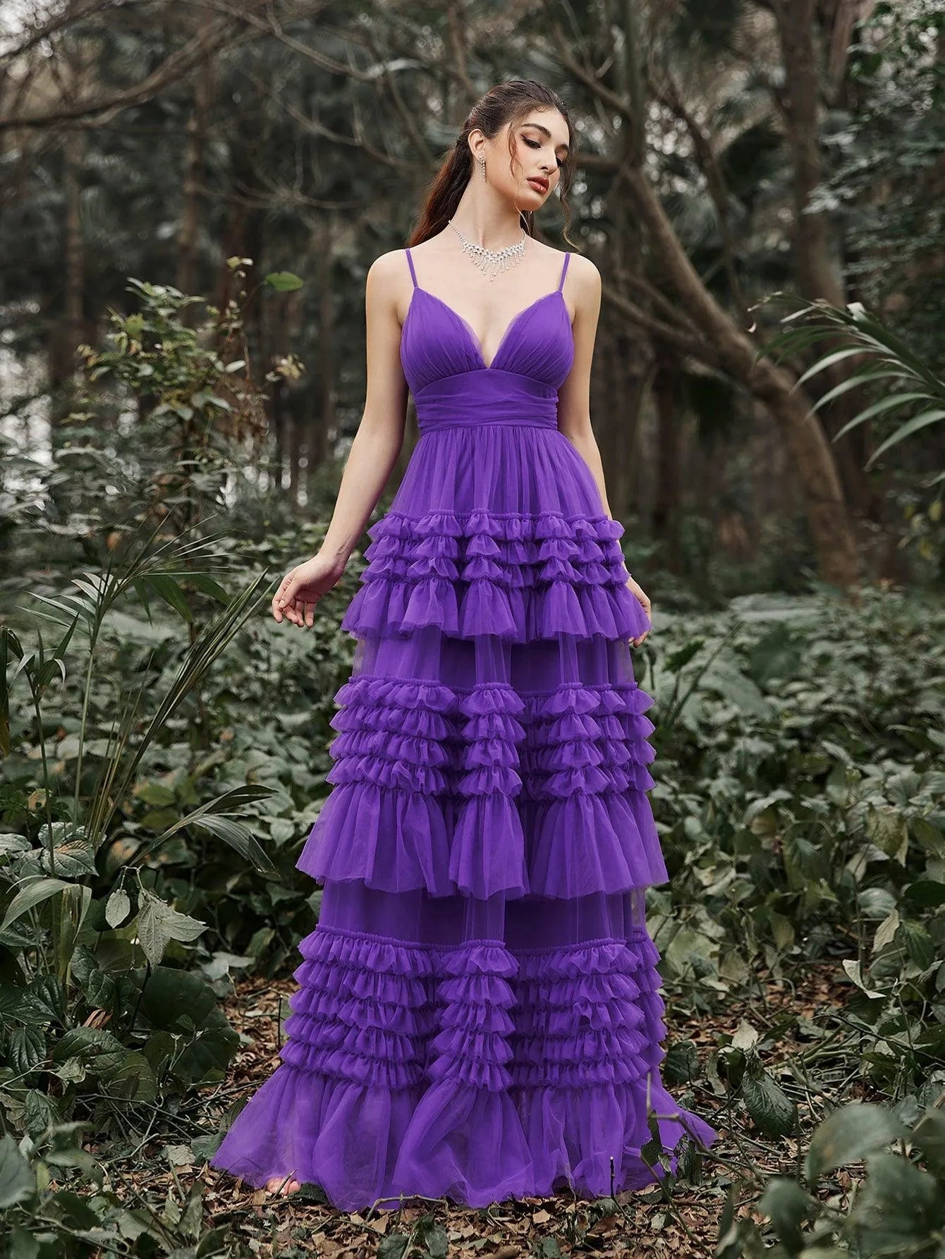 Gorgeous Plunging Neck Tiered Tulle Slip Prom Dress