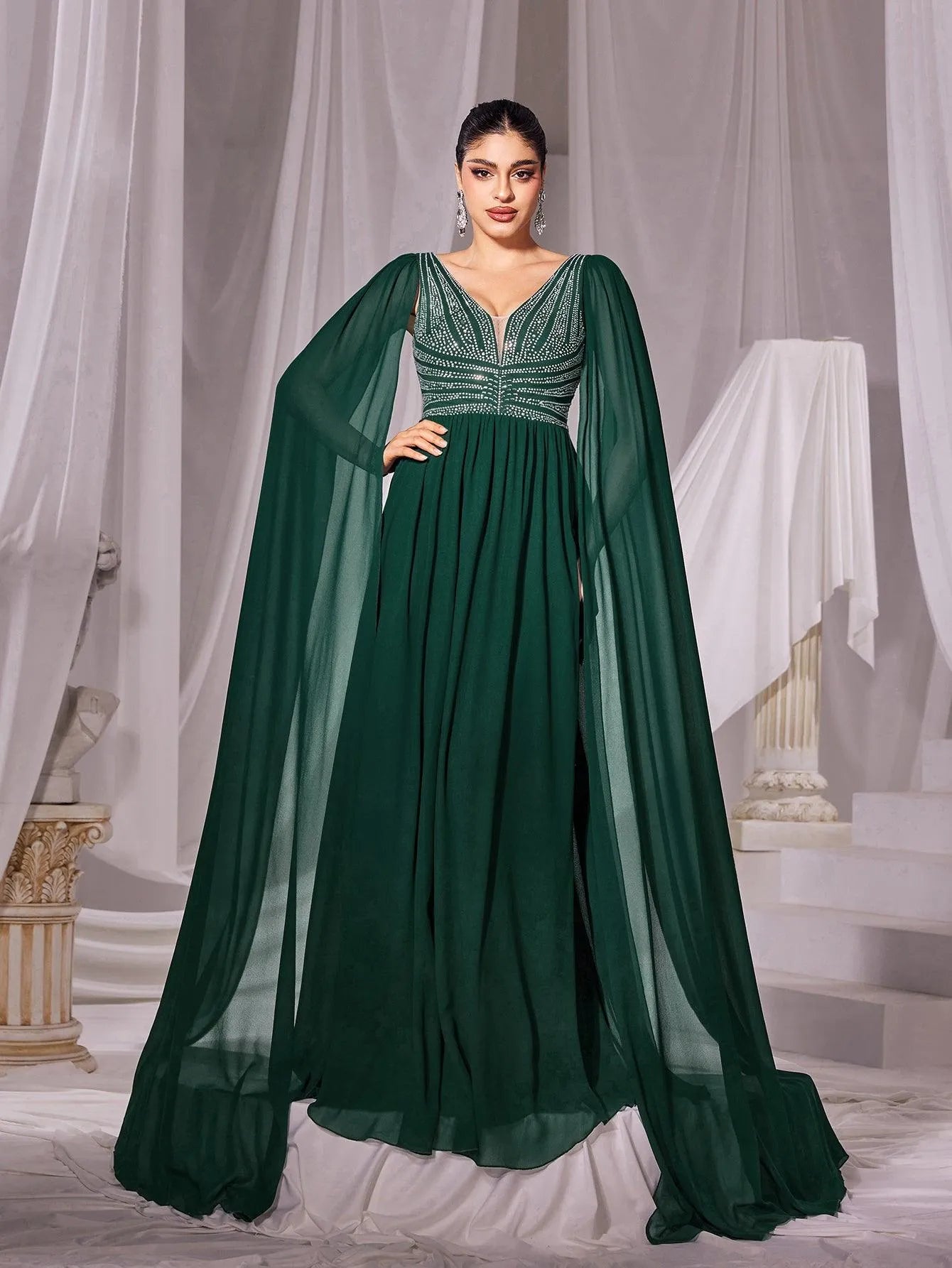 Rhinestone Detail Cape Sleeves Chiffon Evening Dress