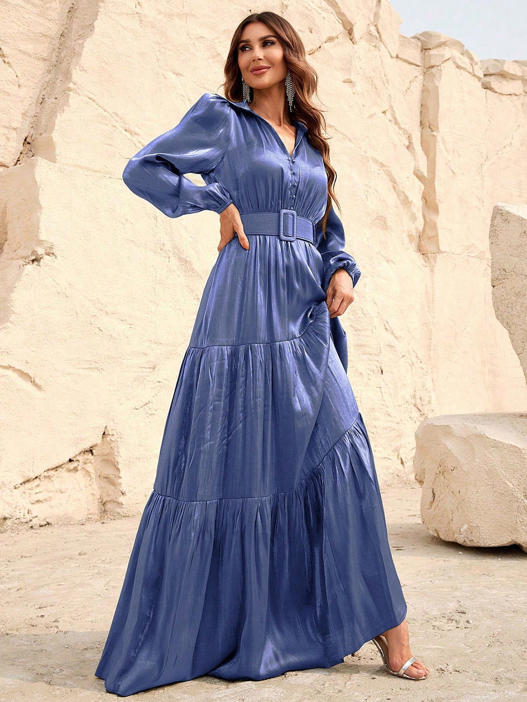 Elegant Lantern Sleeve Ruffle Hem Belted Chiffon Dress