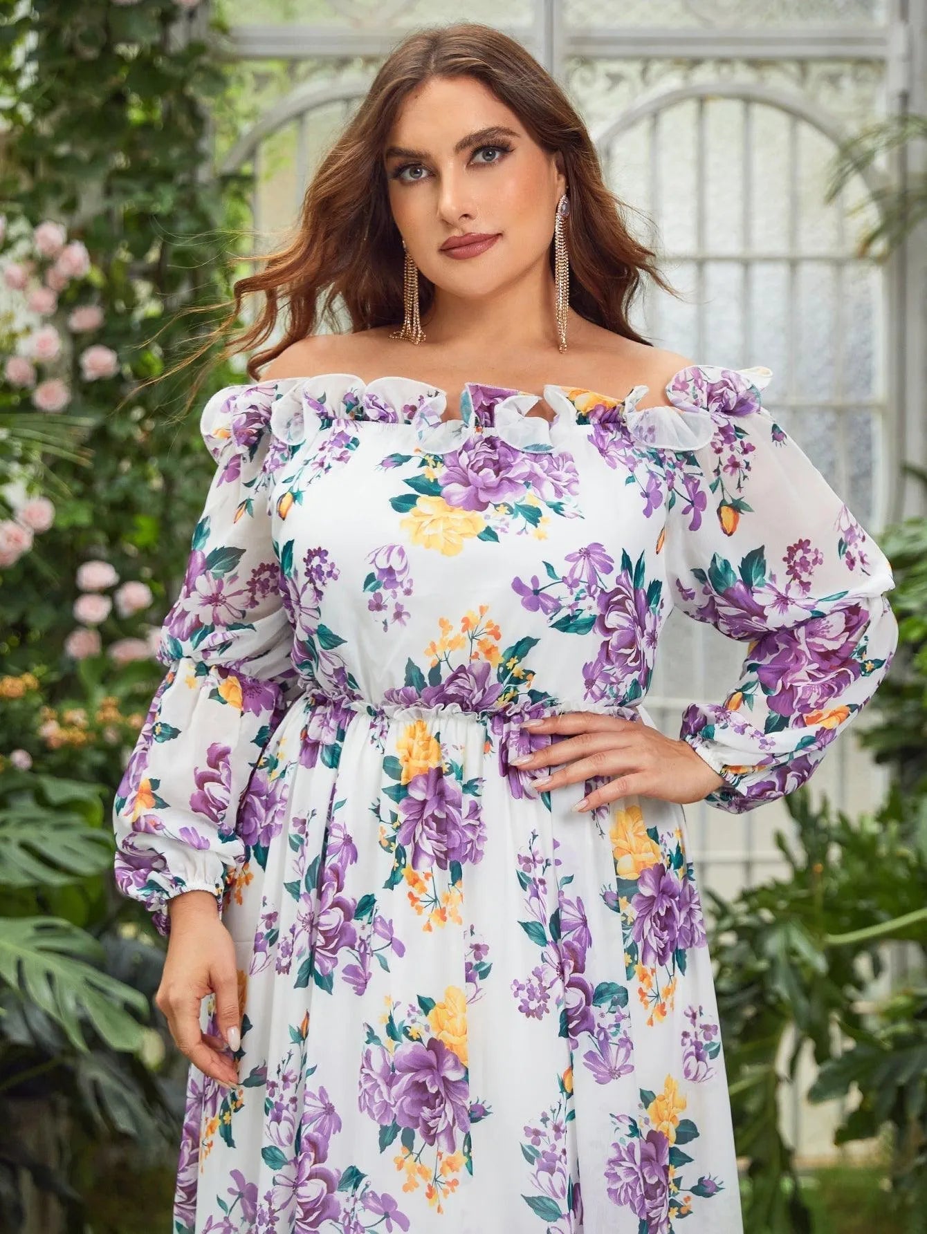 Plus Off Shoulder Long Sleeves Floral Chiffon Dress