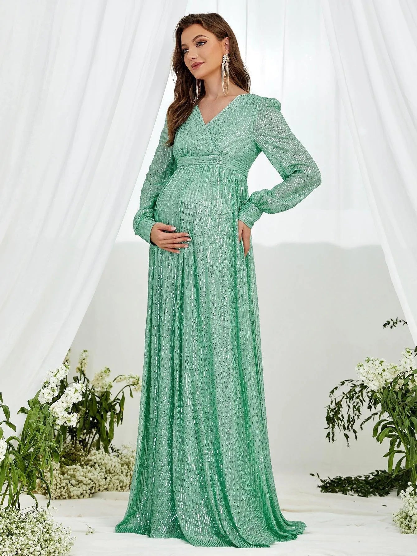 Maternity V Neck Lantern Sleeve Sequin Formal Dress