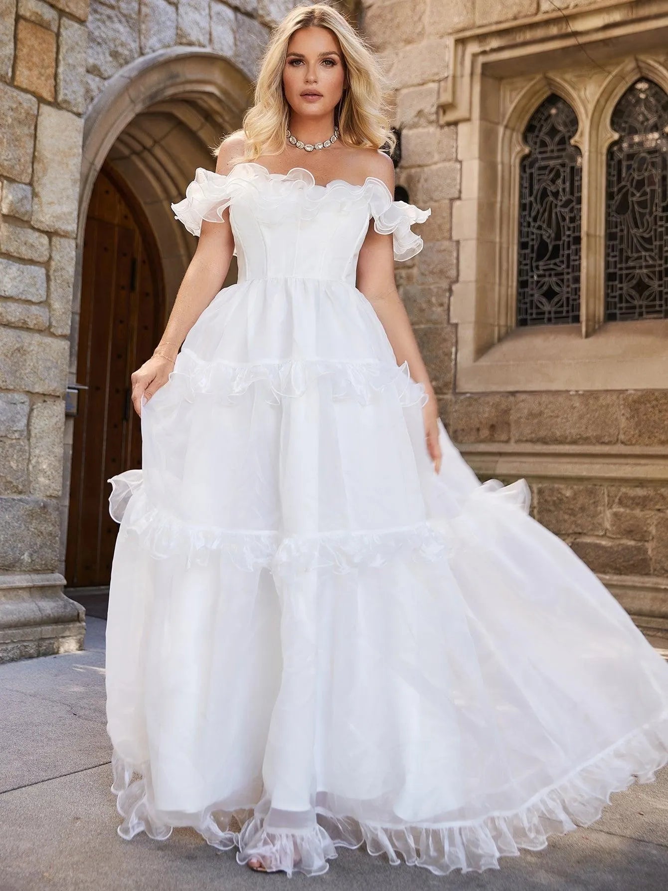 Off Shoulder Ruffle Trim Layered Hem Wedding Dress