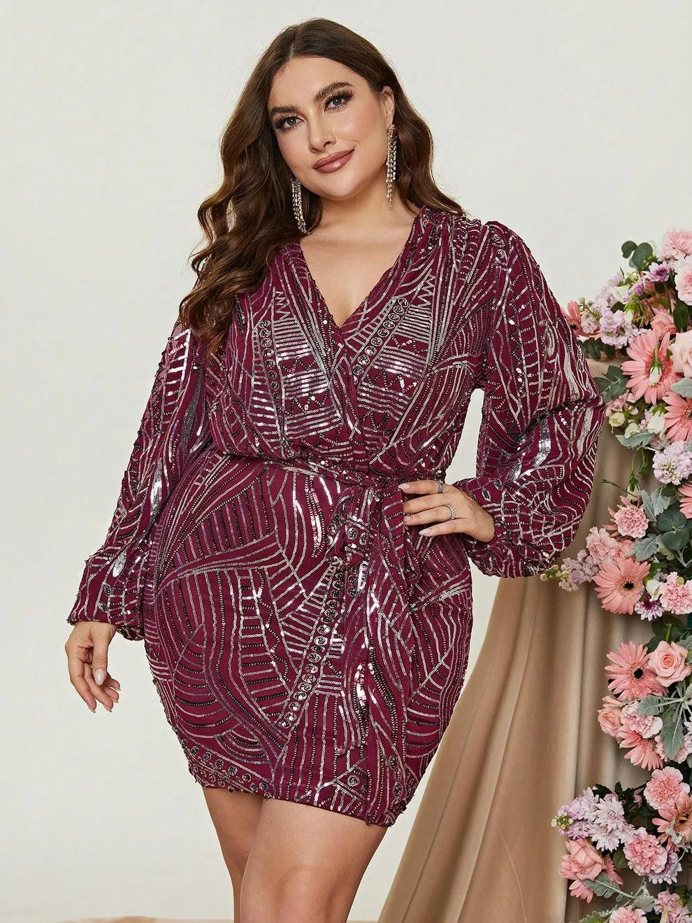 Plus Surplice Neck Lantern Sleeve Sequin Belted Dress